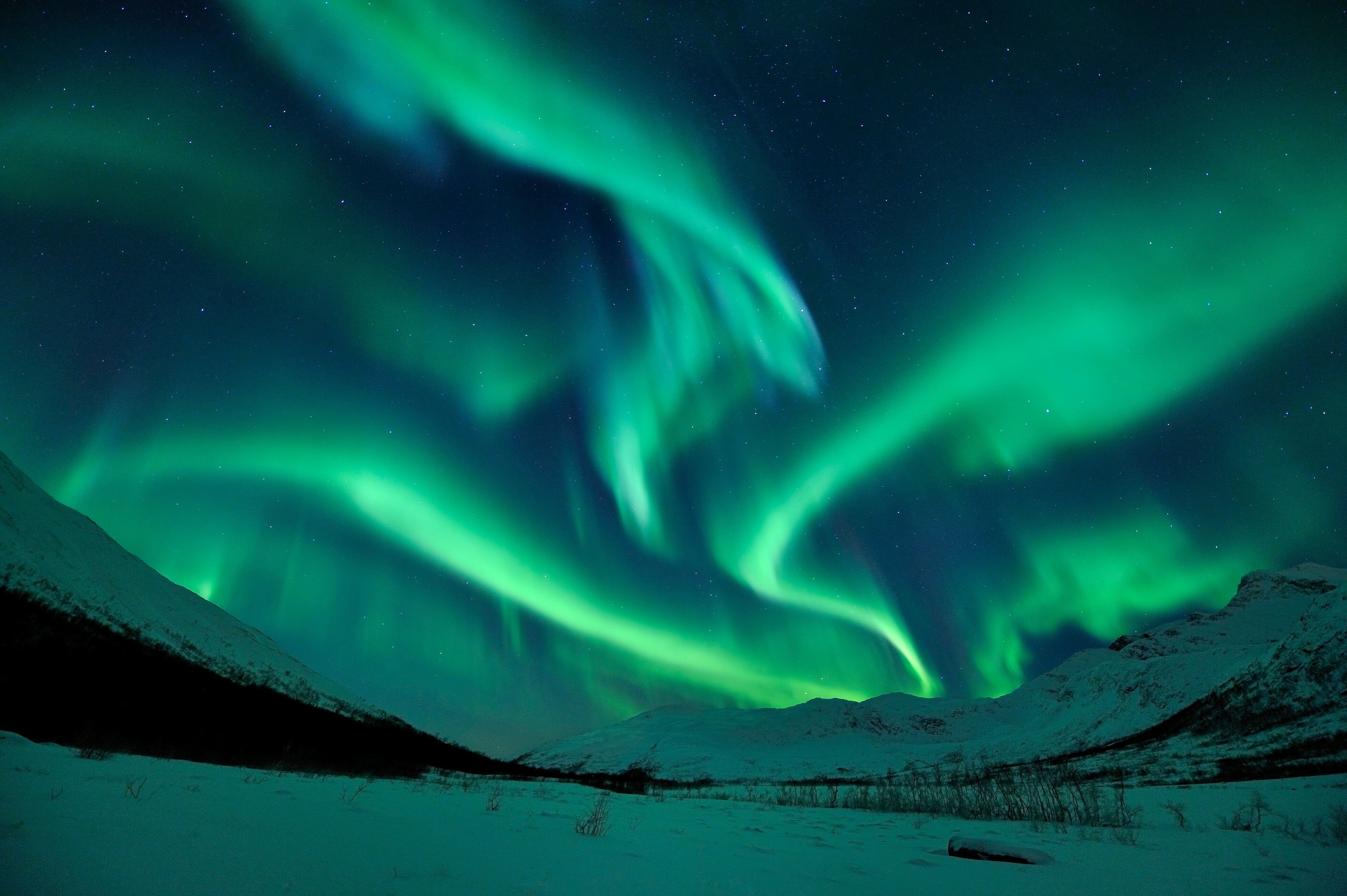 On a cold, clear and dark winter’s night, the horizon fills with colour from intense greens and blues to soft pinks and silvers