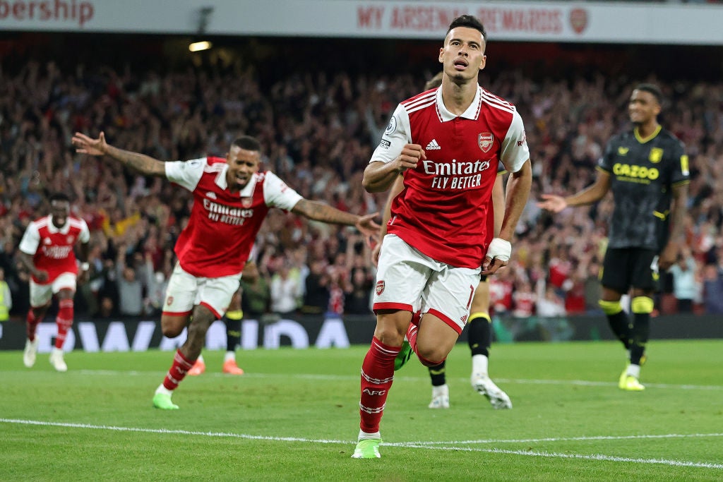 Gabriel Martinelli wheels away after scoring Arsenal’s winner