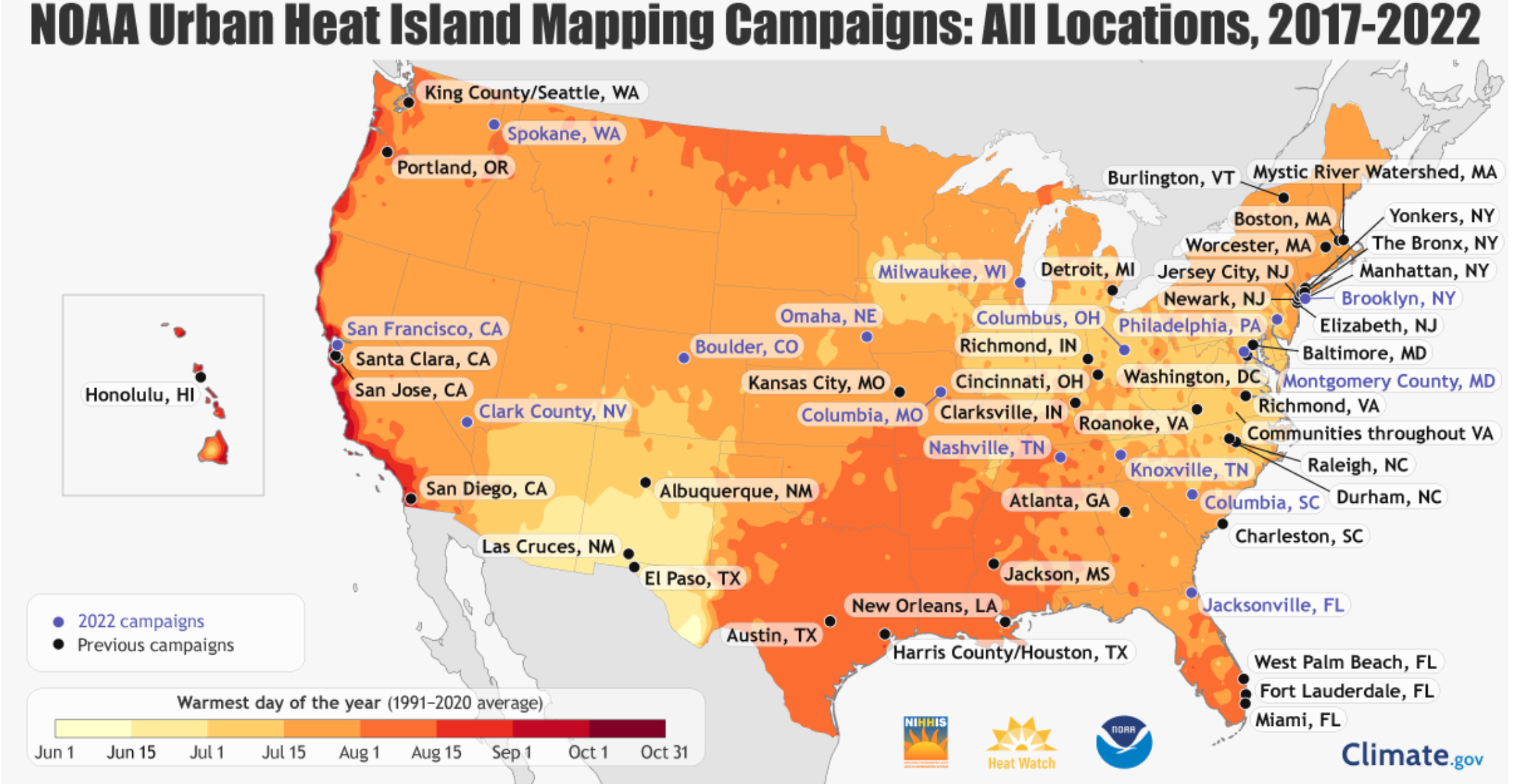 Cities where urban heat mapping campaigns have been undertaken with the help of local residents in the last five years