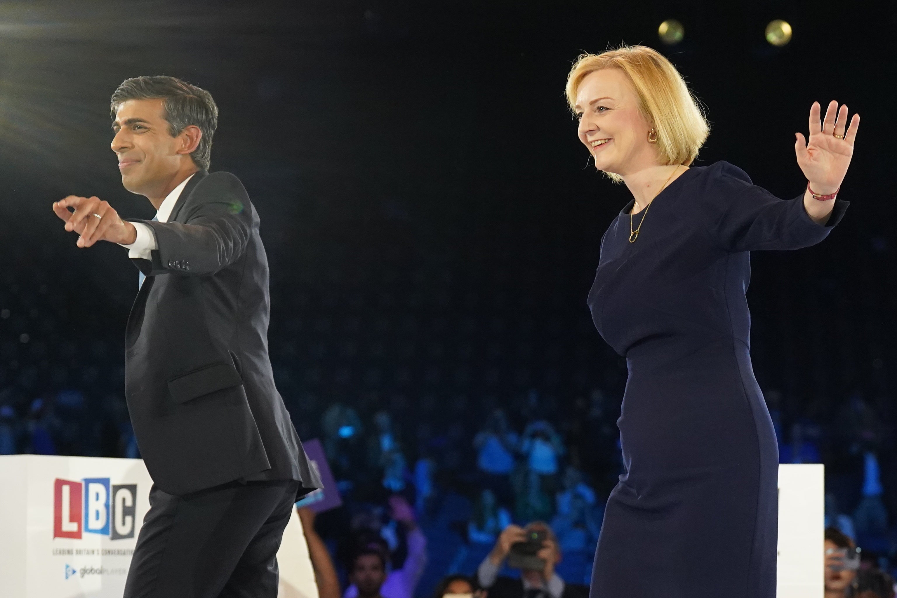 Rishi Sunak and Liz Truss during a hustings event at Wembley Arena (Stefan Rousseau/PA)