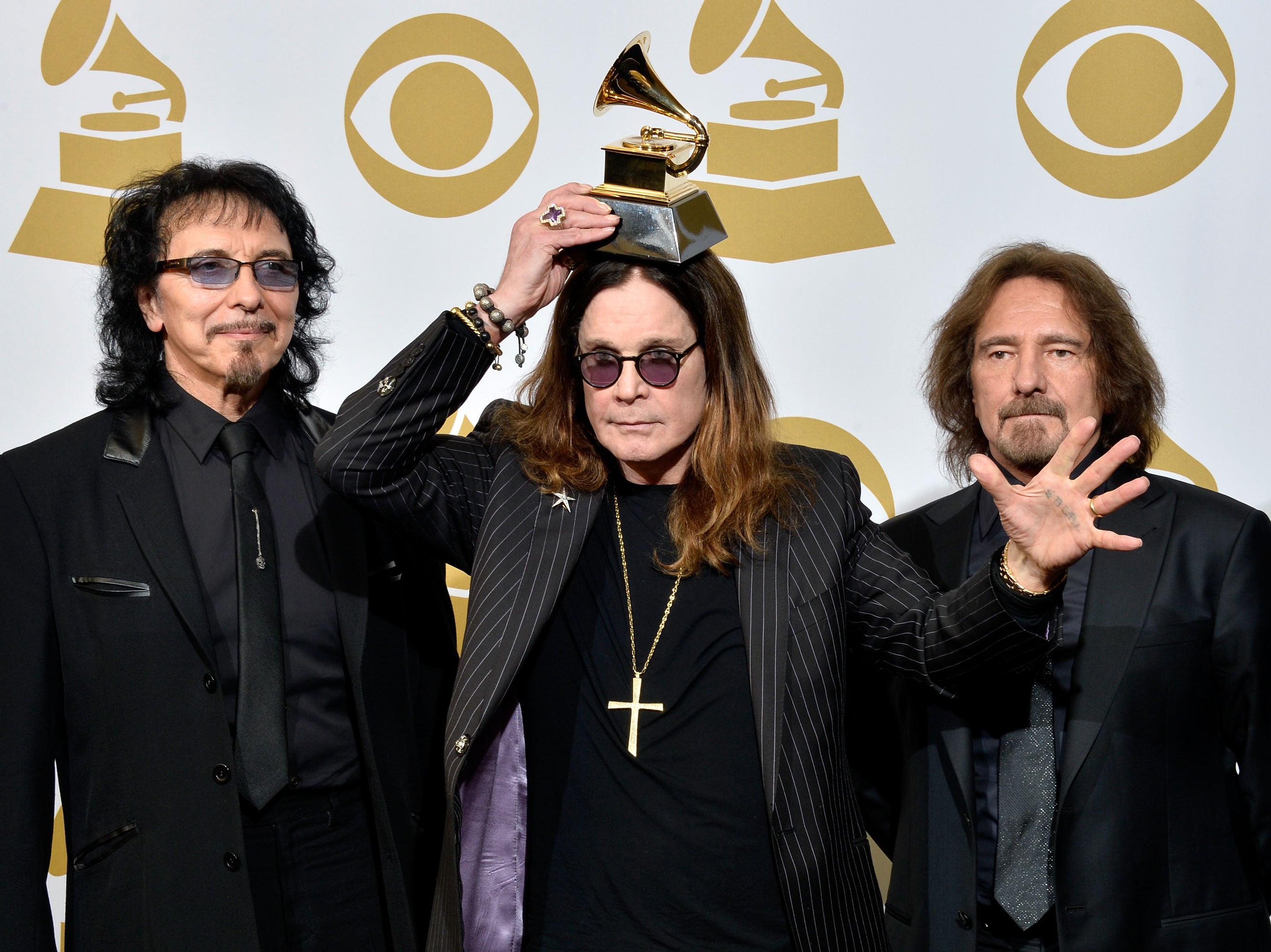 Black Sabbath: Tony Iommi, Osbourne and Geezer Butler with their Grammy for Best Metal Performance in 2014