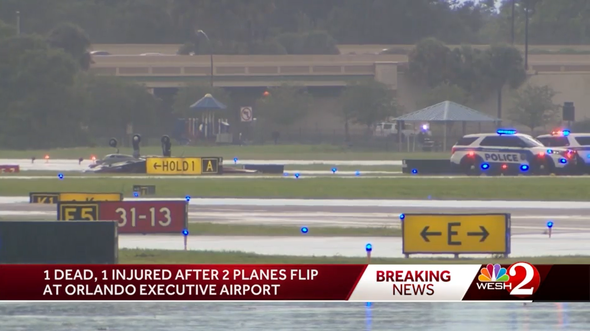 Police and fire services at Orlando Executive Airport after a plane flipped at around 5pm on Thursday, 1 September 2022