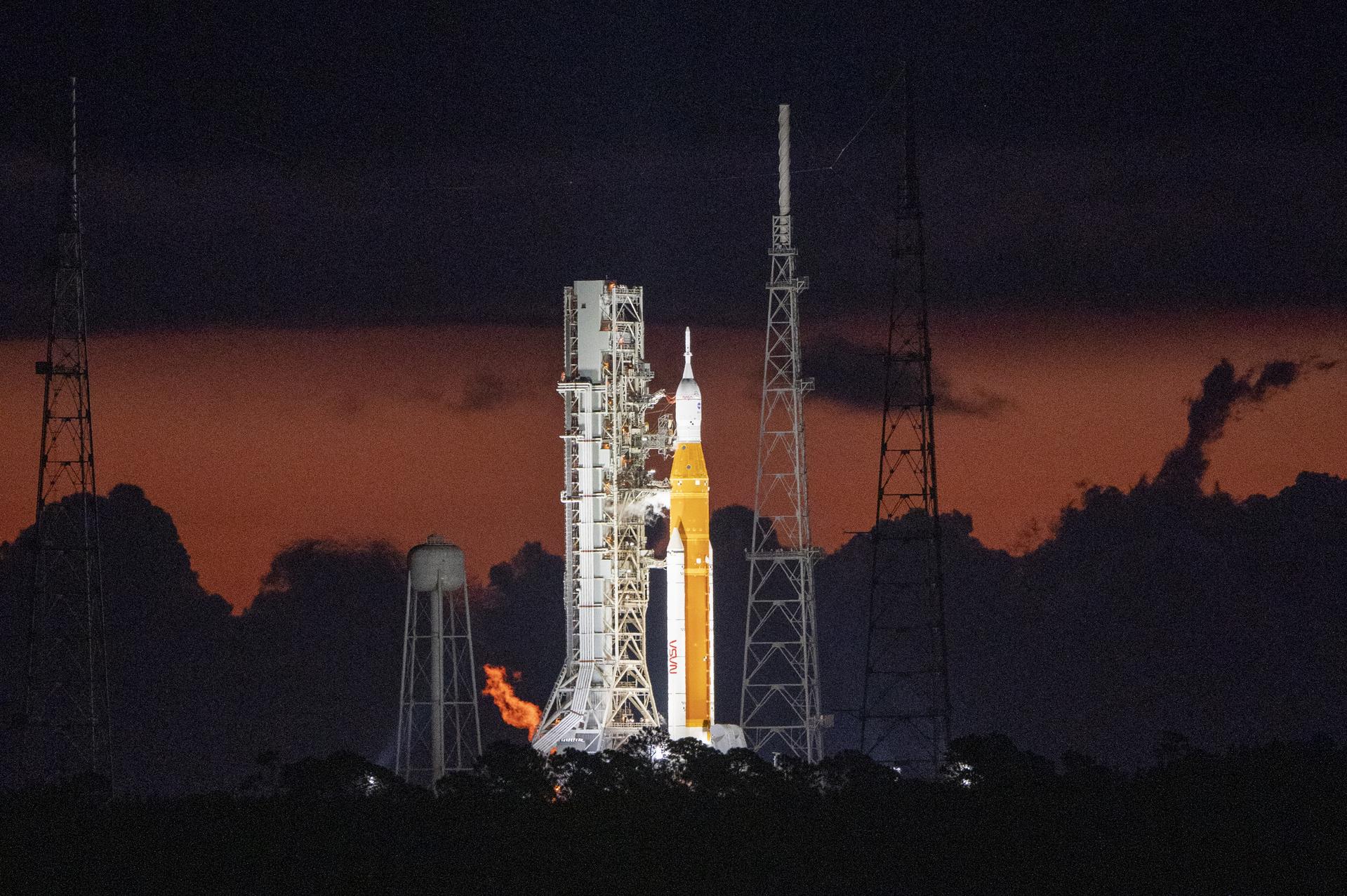 Nasa’s Artemis I mission on the launch pad at Kennedy Space Center during Nasa’s first launch attempt for the mission on 29 August, 2022. The launch attempt was scrubbed due to issues with one of the rocket’s engines.