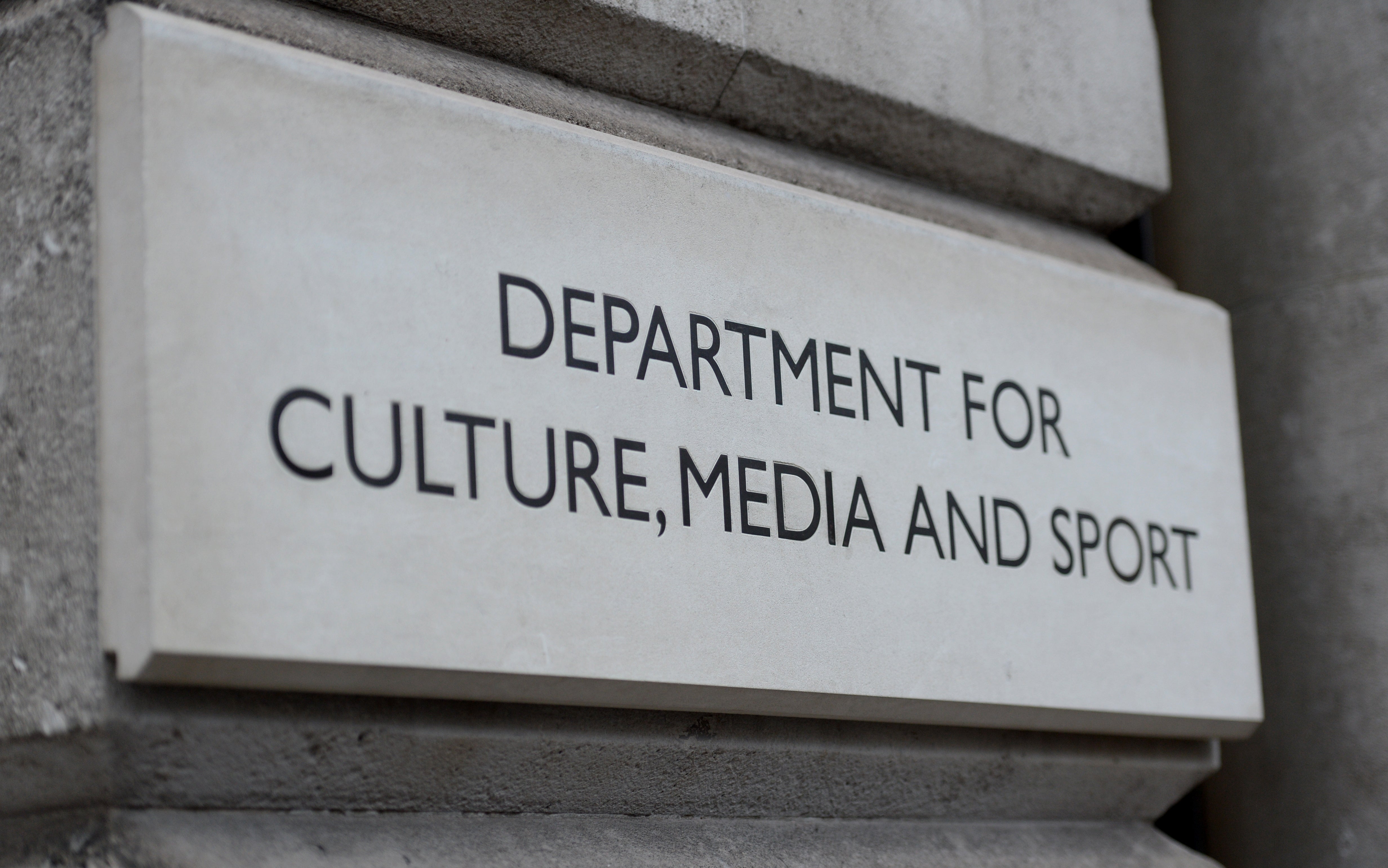 A view of signage for the Department for Culture, Media & Sport in Westminster, London.