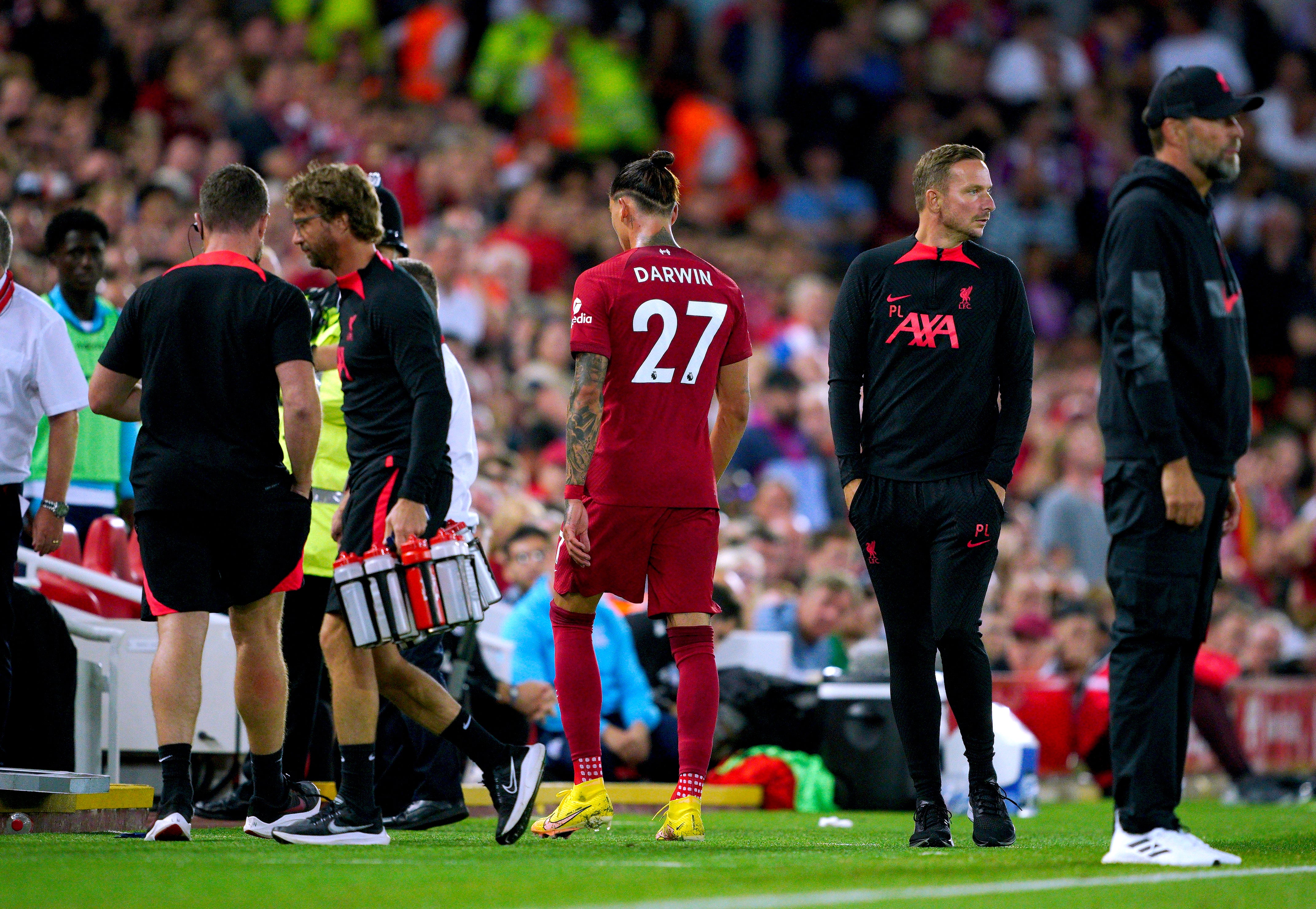 Liverpool’s Darwin Nunez (centre) was dismissed against Crystal Palace last month (Peter Byrne/PA)