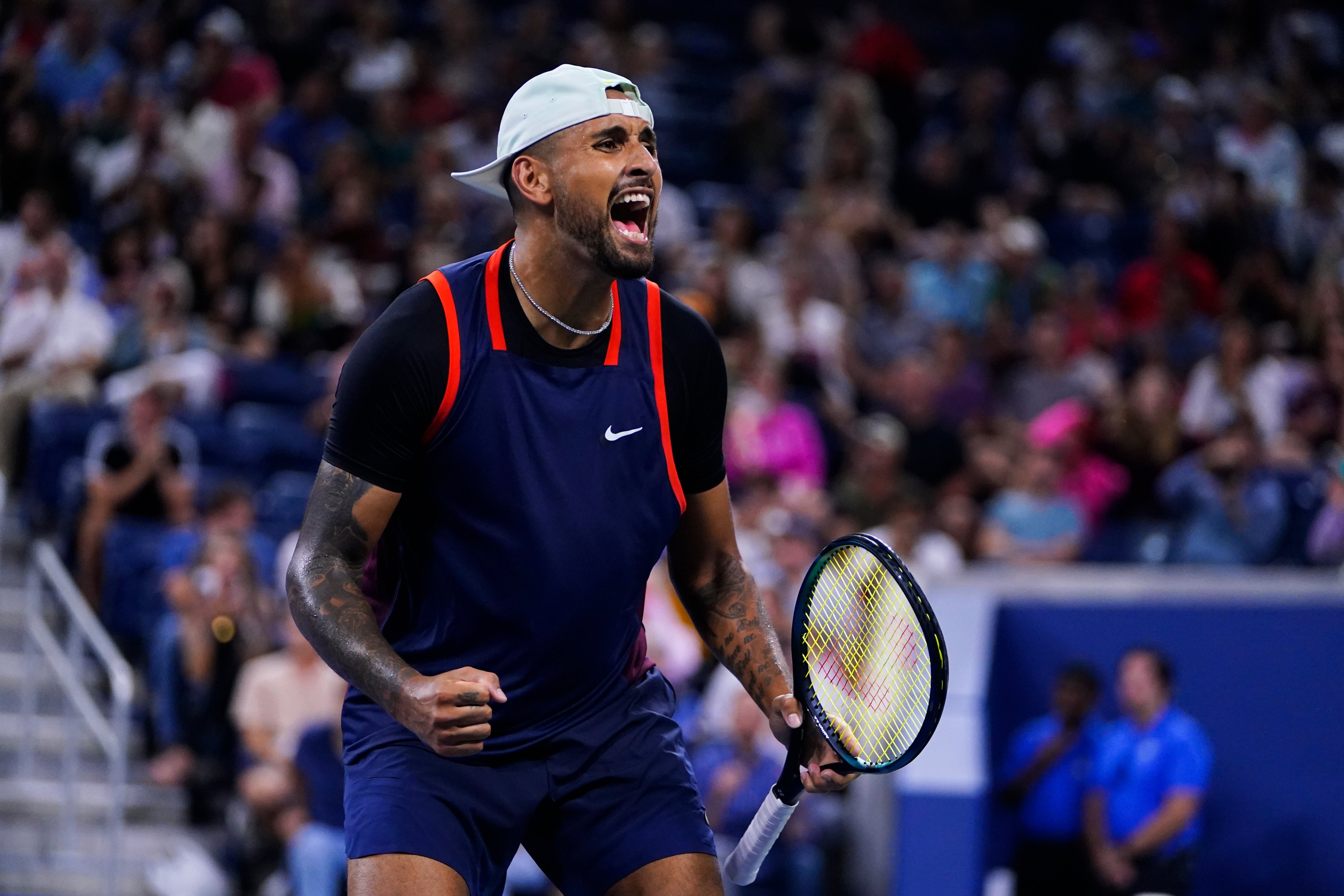 Nick Kyrgios celebrates beating JJ Wolf (Frank Franklin II/AP)