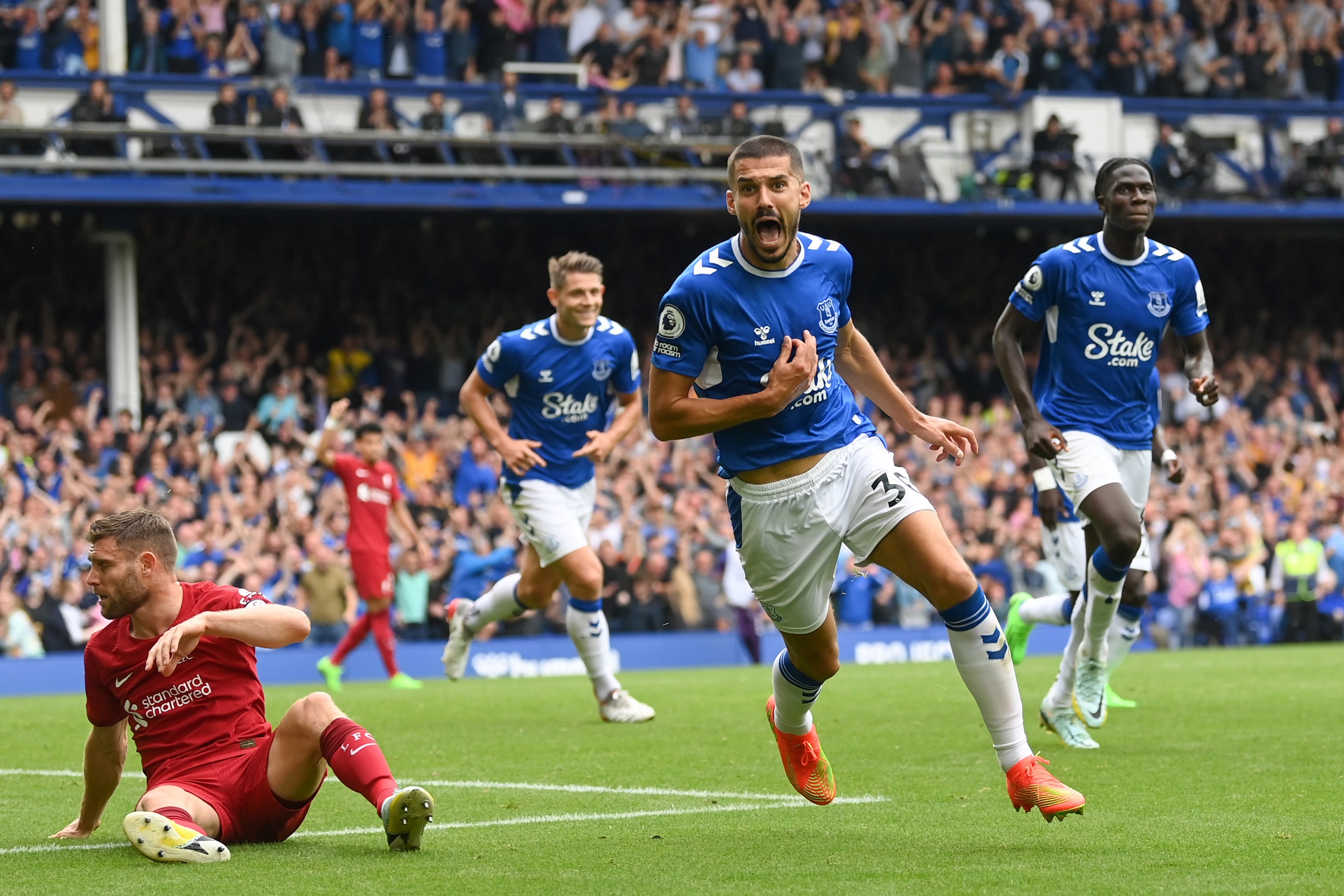 Conor Coady of Everton celebrates after scoring a goal which was later disallowed for offside