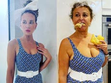 Nadia Sawalha channels Kate Beckinsale in Greggs swimsuit while eating a steak bake