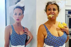 Nadia Sawalha channels Kate Beckinsale in Greggs swimsuit while eating a steak bake
