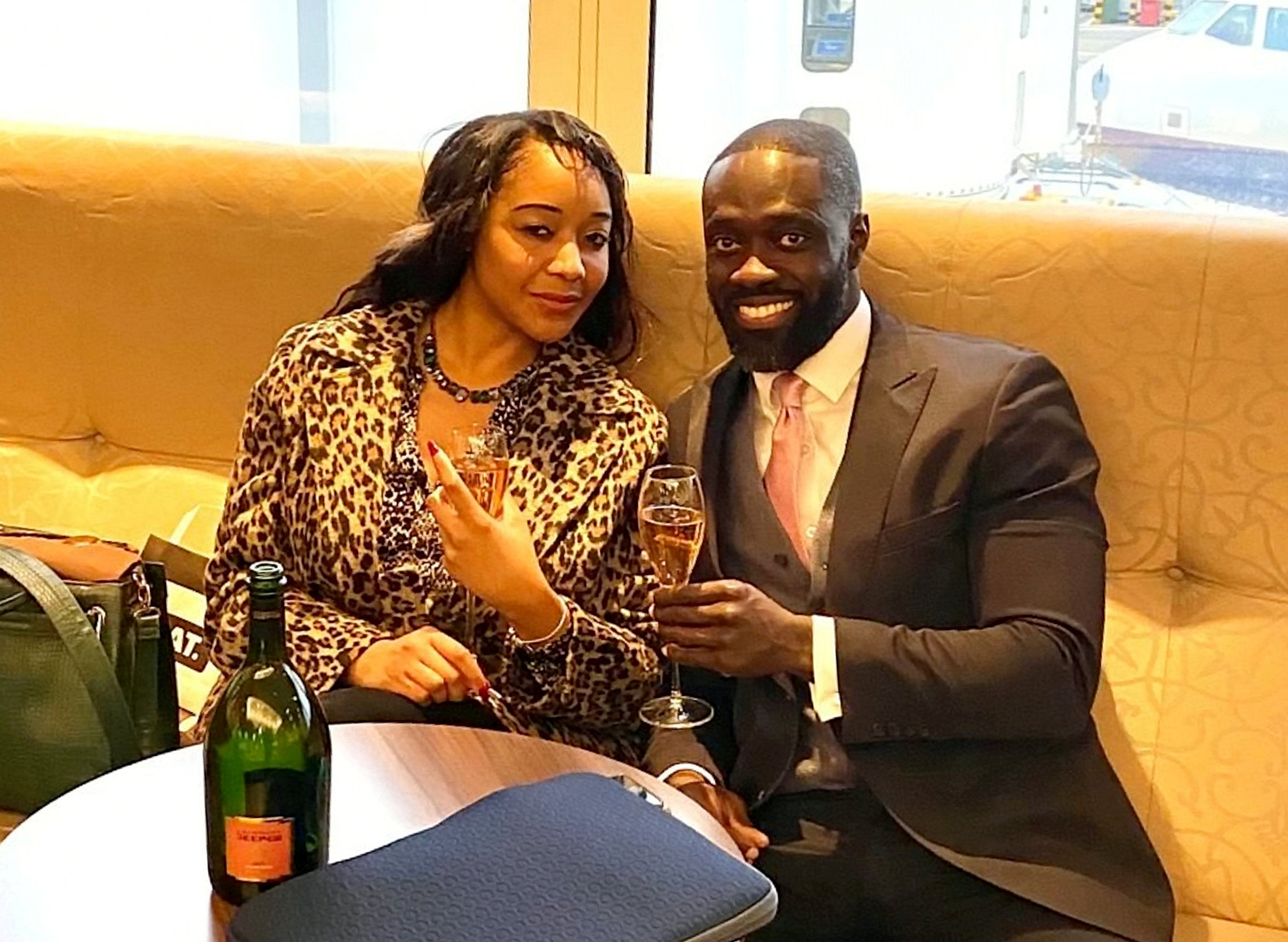 Nana Osei-Adjei and Tremaine Osei-Adjei on the day they met in Heathrow first class lounge