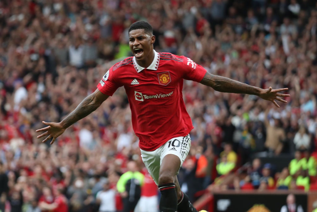 Marcus Rashford celebrates scoring against Arsenal