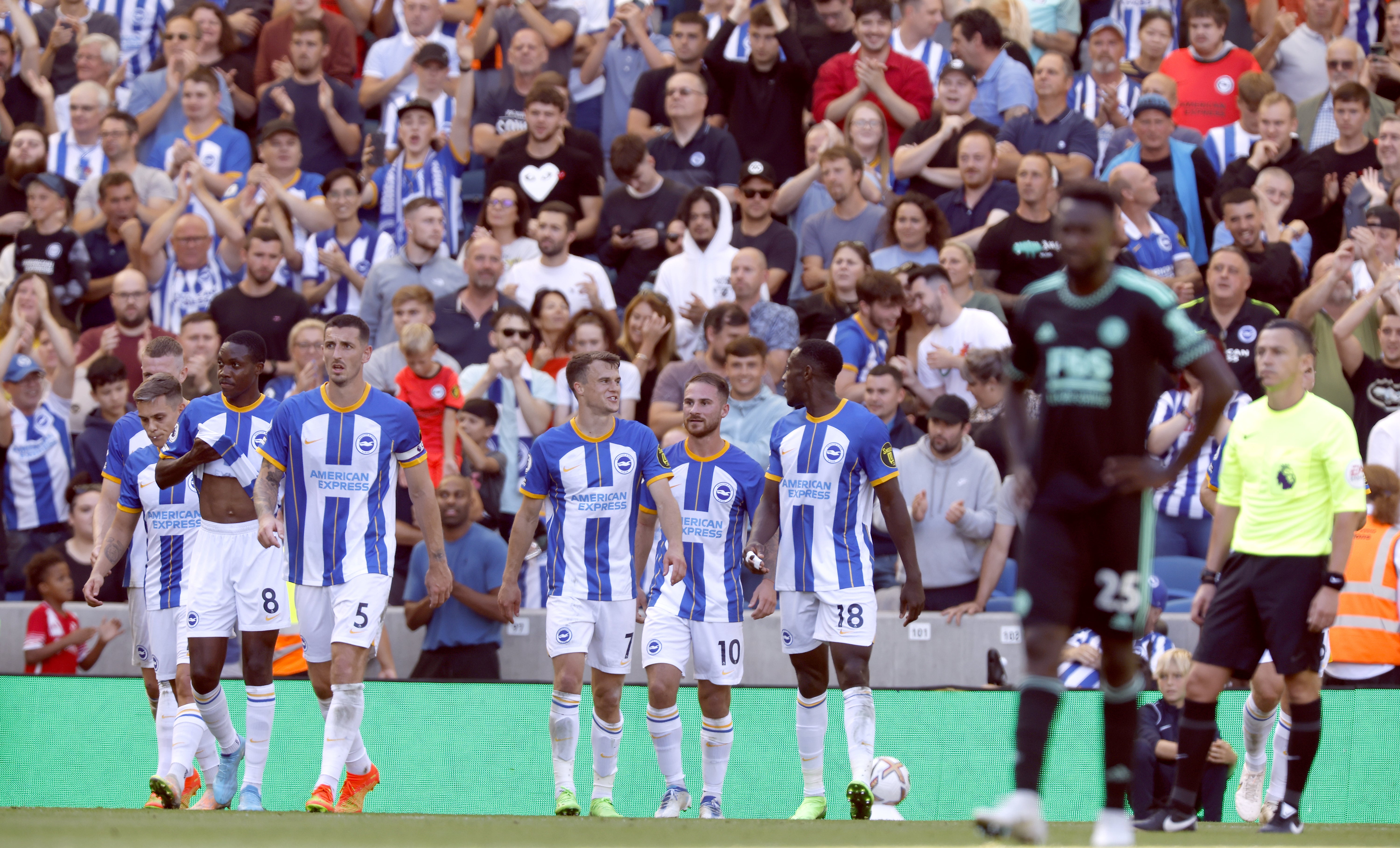 Alexis Mac Allister (number 10) claimed a set-piece double for Brighton (Steven Paston/PA)