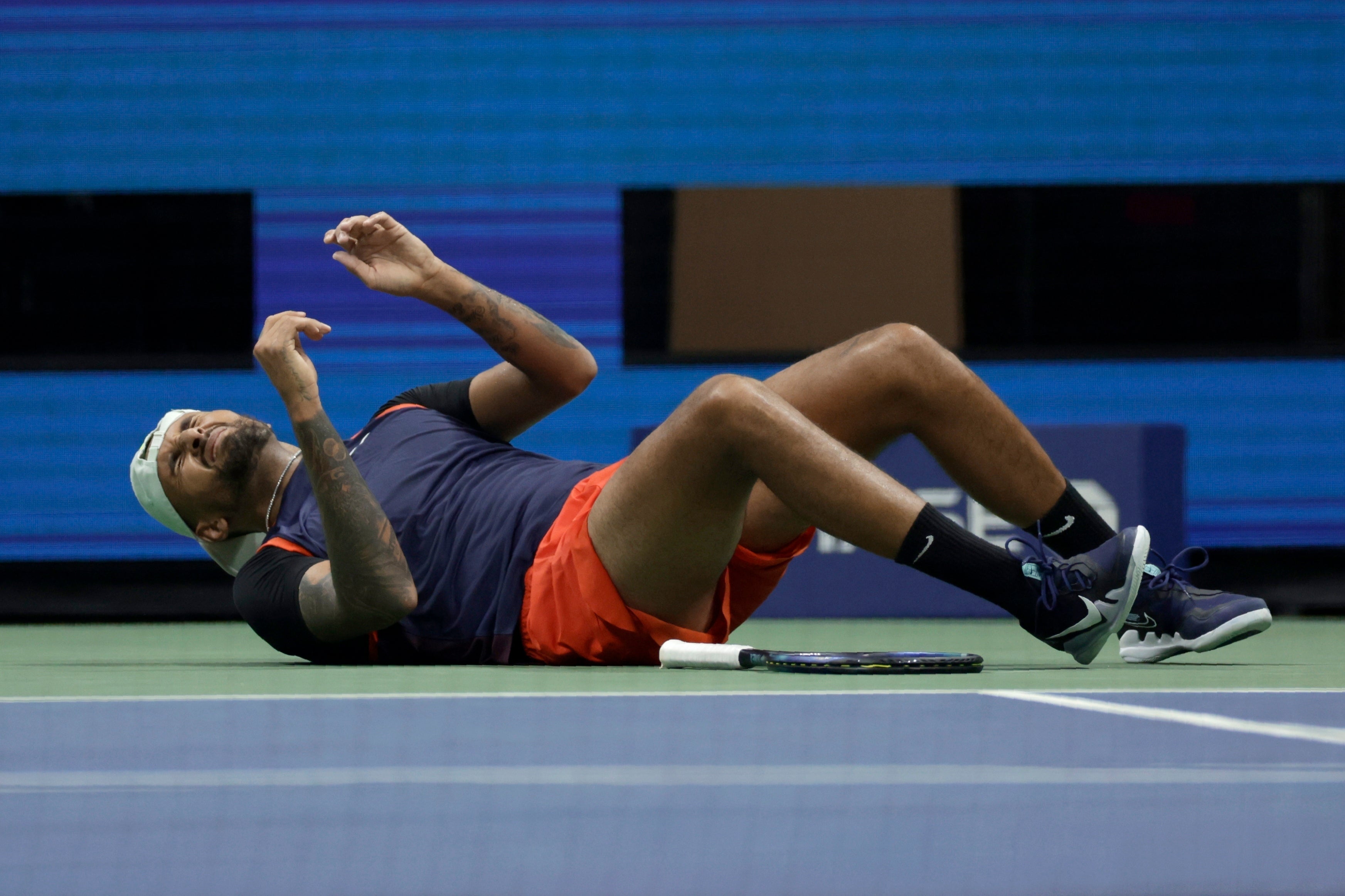 Nick Kyrgios had a heavy fall in the third set (Adam Hunger/AP)