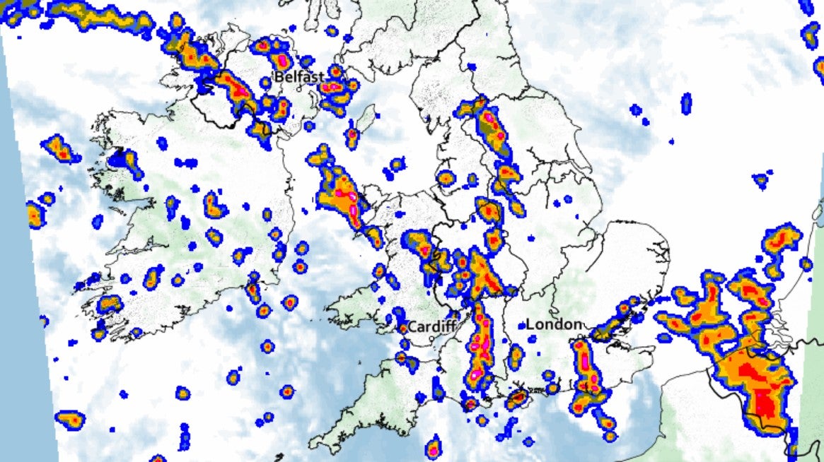 Thunderstorms pictured across southern and central parts of the UK at 10pm on Monday night (Met Office/PA)