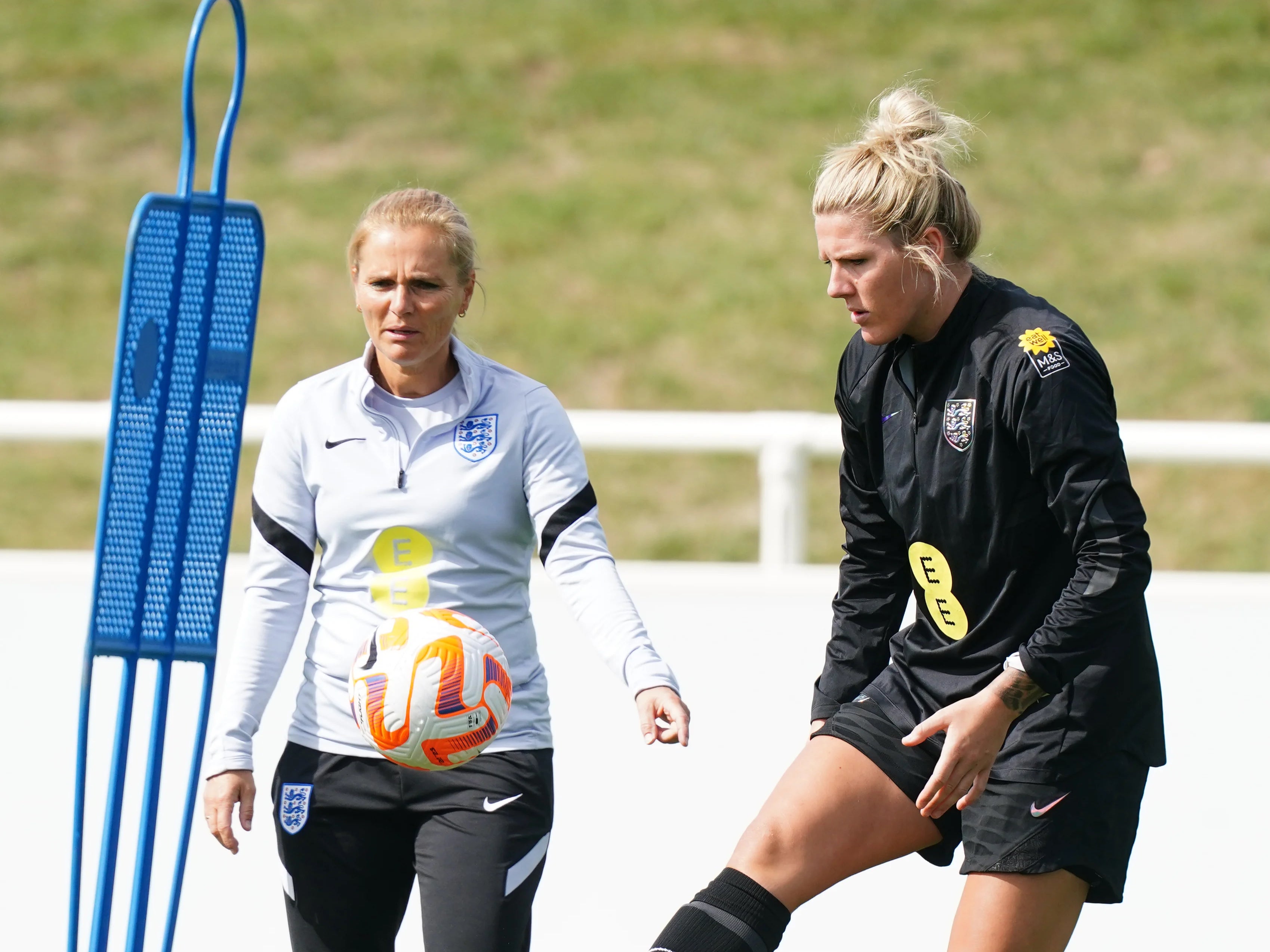 England’s Millie Bright in training with manager Sarina Wiegman