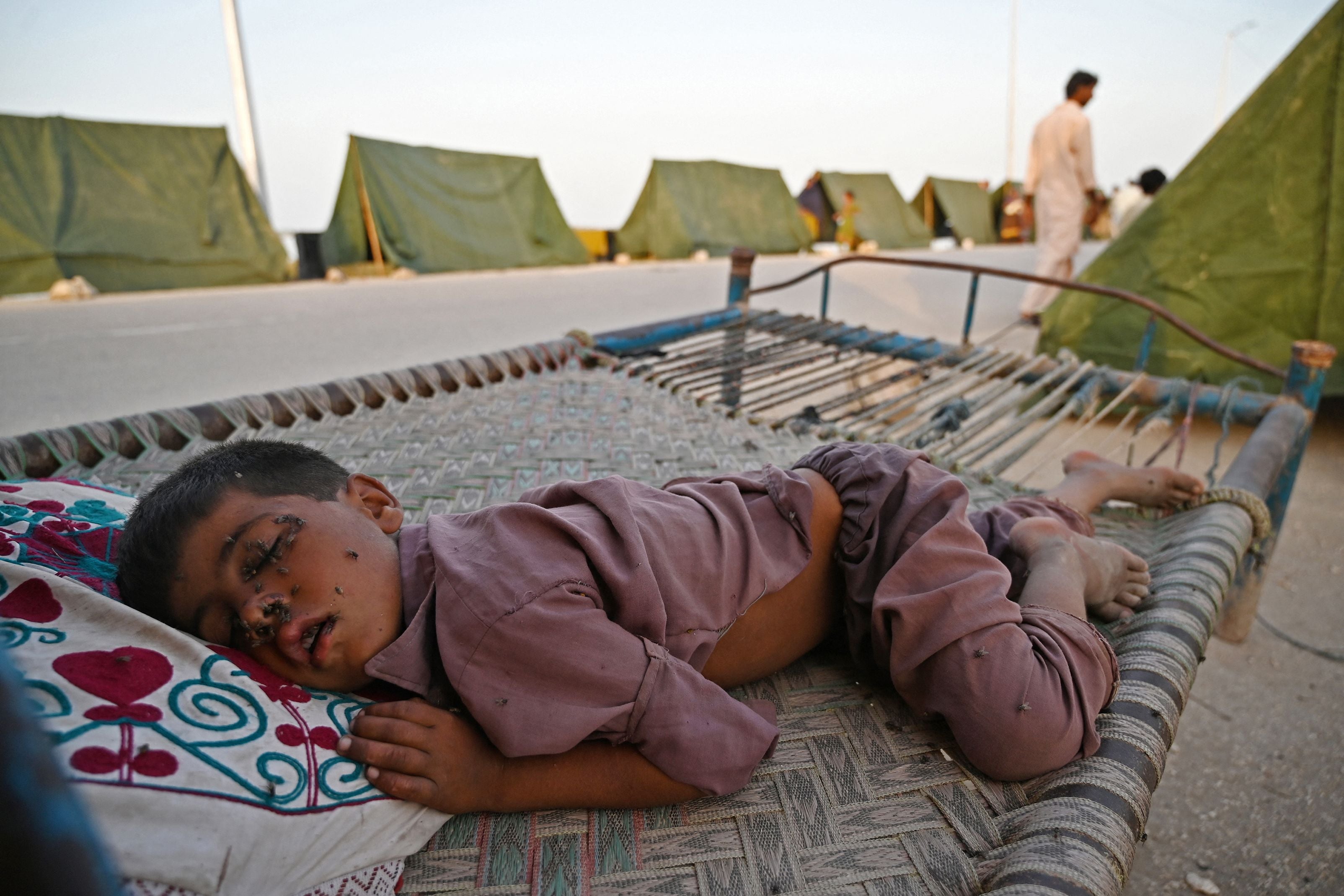 A boy at a camp for displaced people in Sukkur