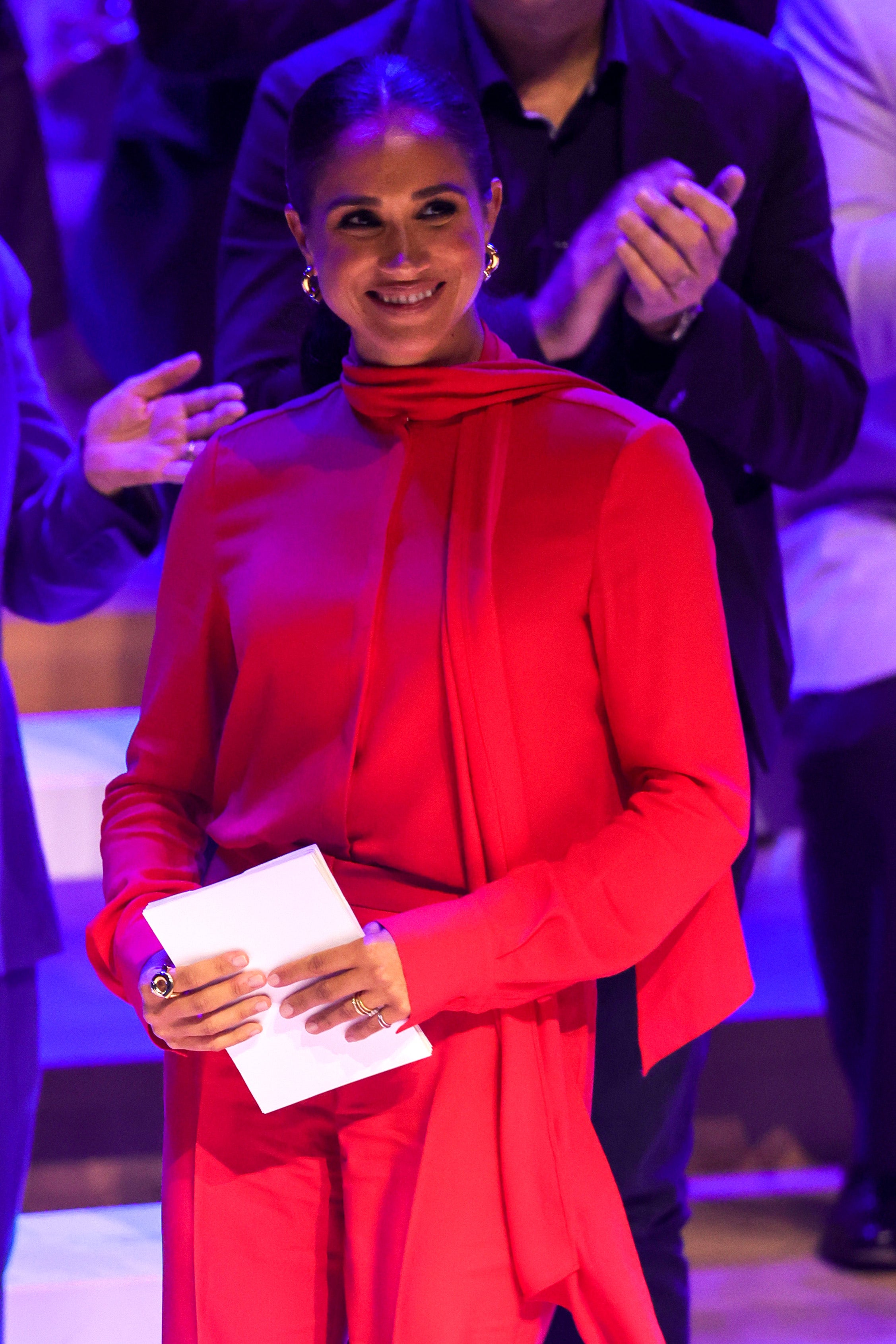 Meghan wears red Valentino silk blouse at One Young World Summit