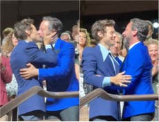 Harry Styles plants a kiss on Nick Kroll’s lips during Don’t Worry Darling standing ovation