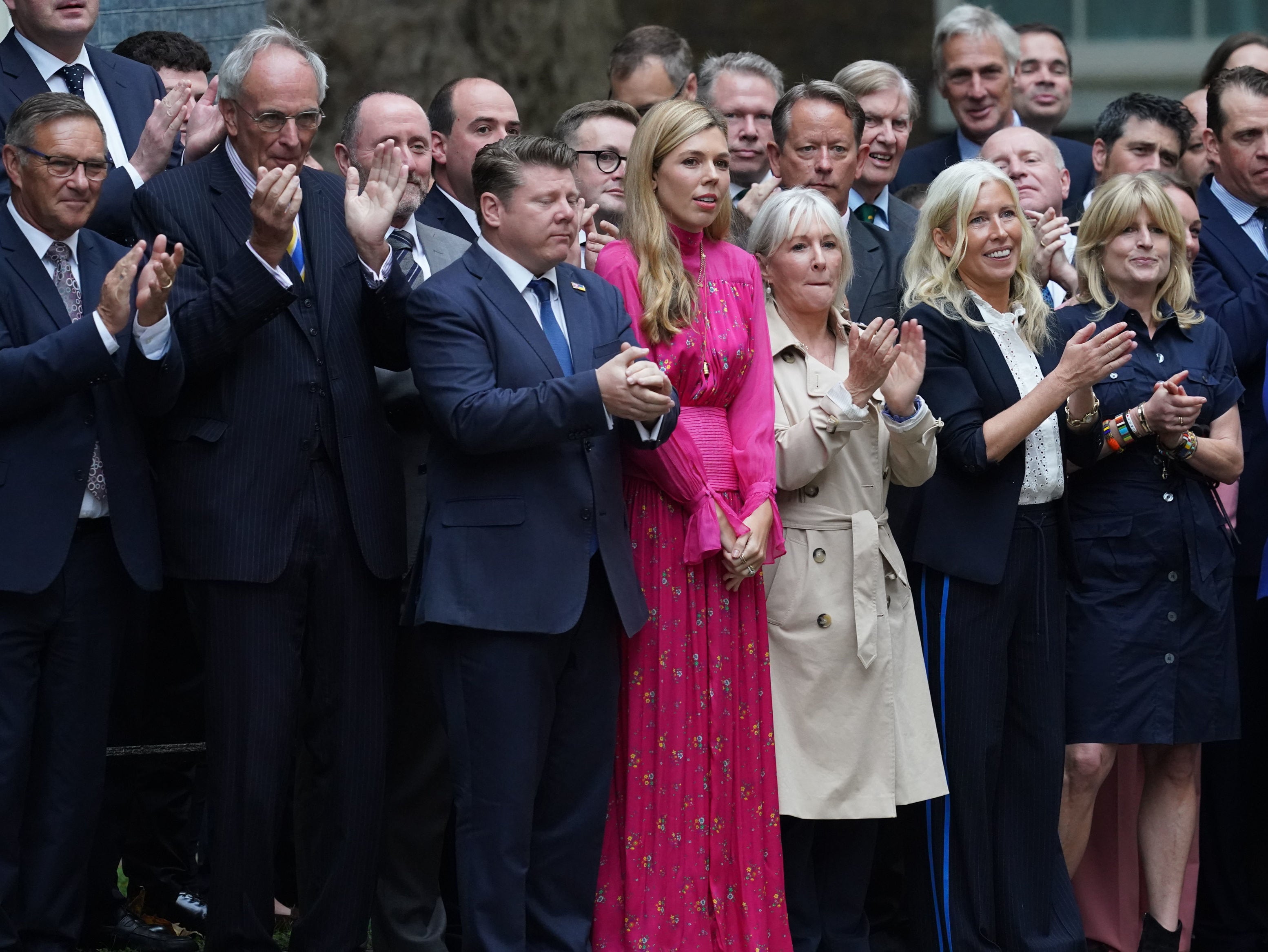 Carrie Johnson, joins well-wishers, including Nadine Dorries and Rachel Johnson in Downing Street for the speech