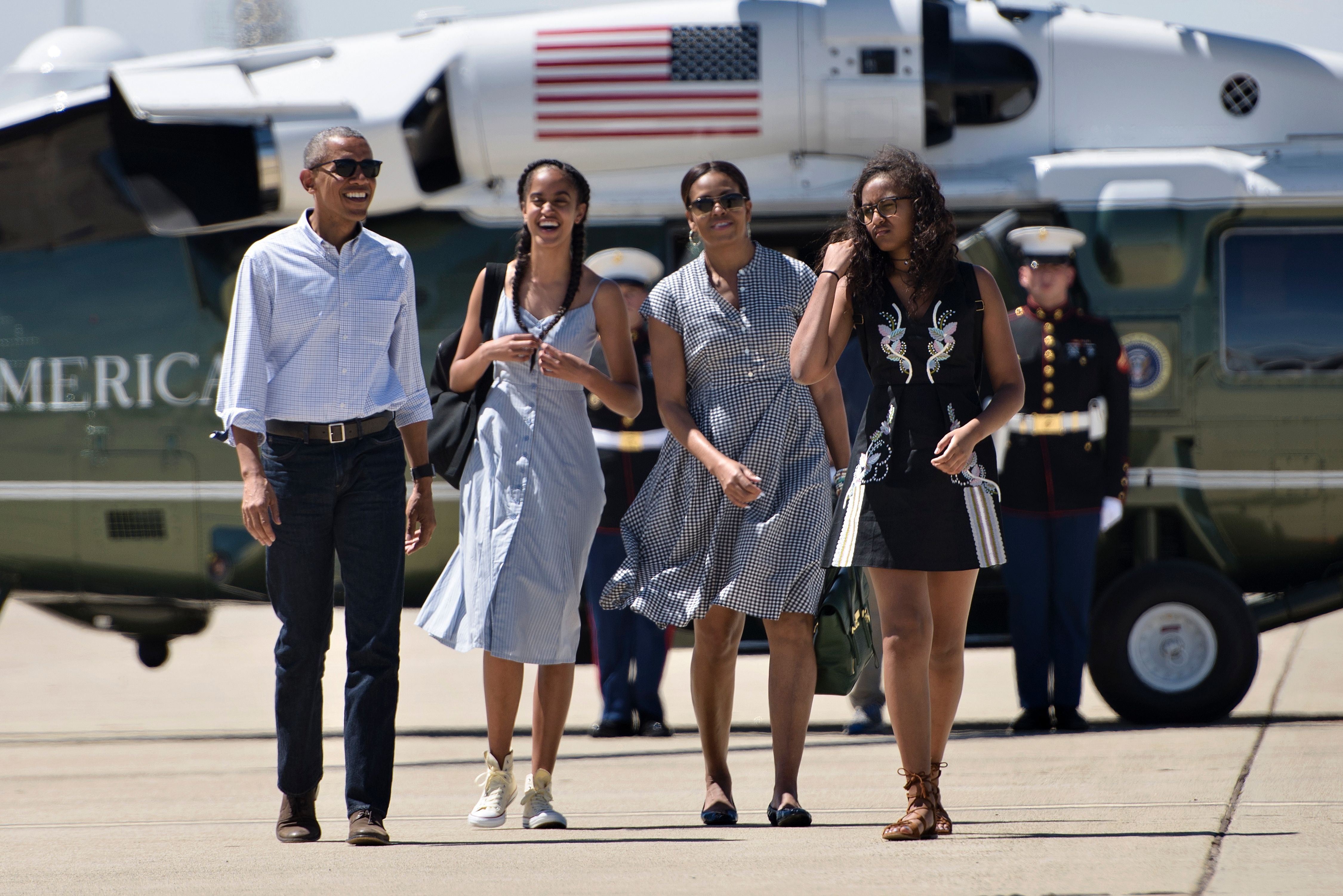 The Obama family walking to Air Force One at Castle Airport June 19, 2016 in Merced County, California