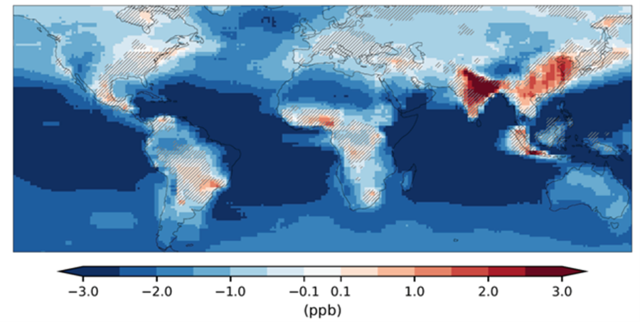 Projected changes in surface ozone levels due to climate change alone in the late part of the 21st Century if average global surface temperature rises by 3.0 °C