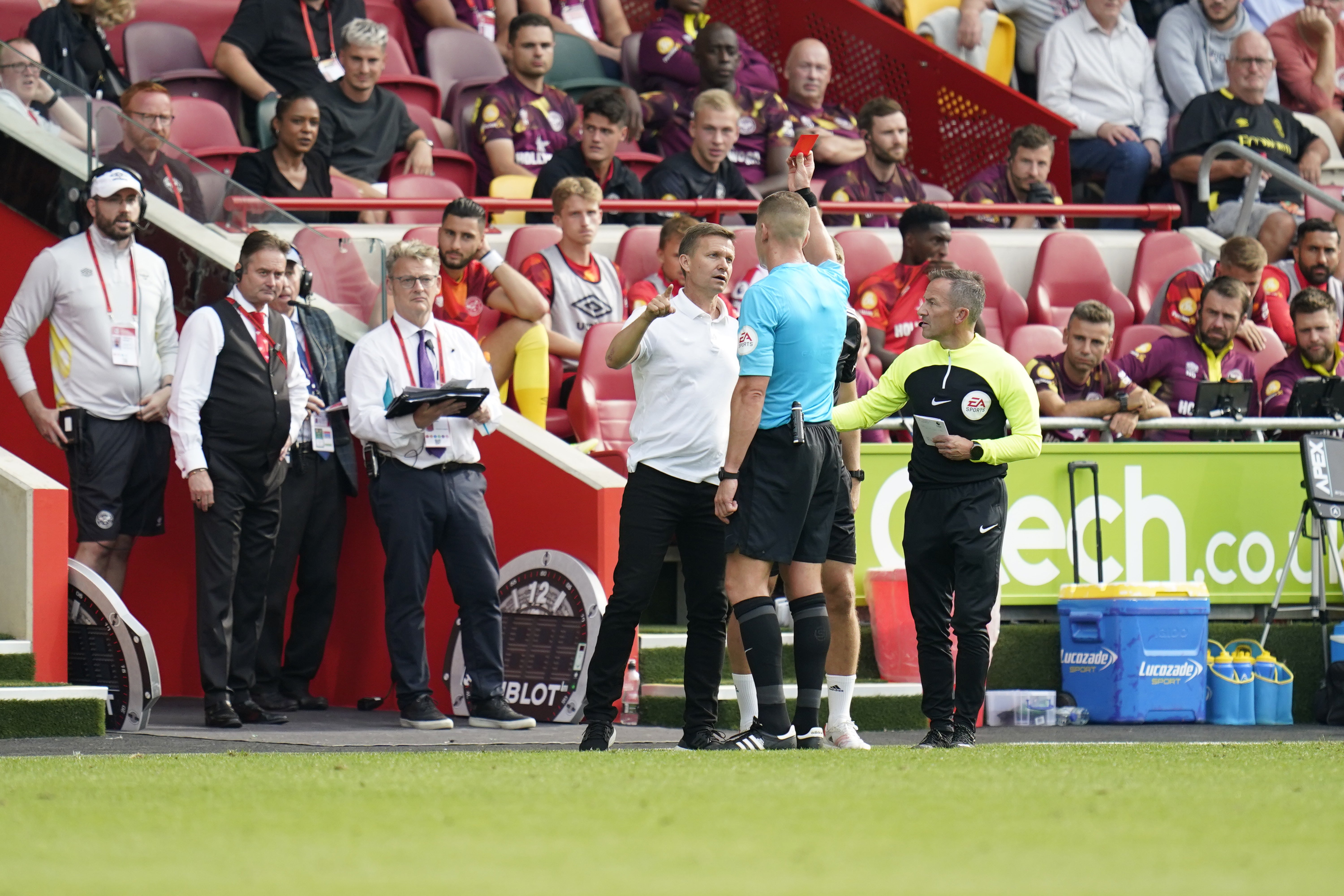 Jesse Marsch was sent off during Leeds’ Premier League match at Brentford on Saturday (Andrew Matthews/PA)