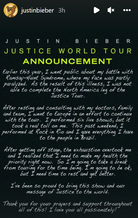 Justin Bieber cancels the rest of the Justice World Tour