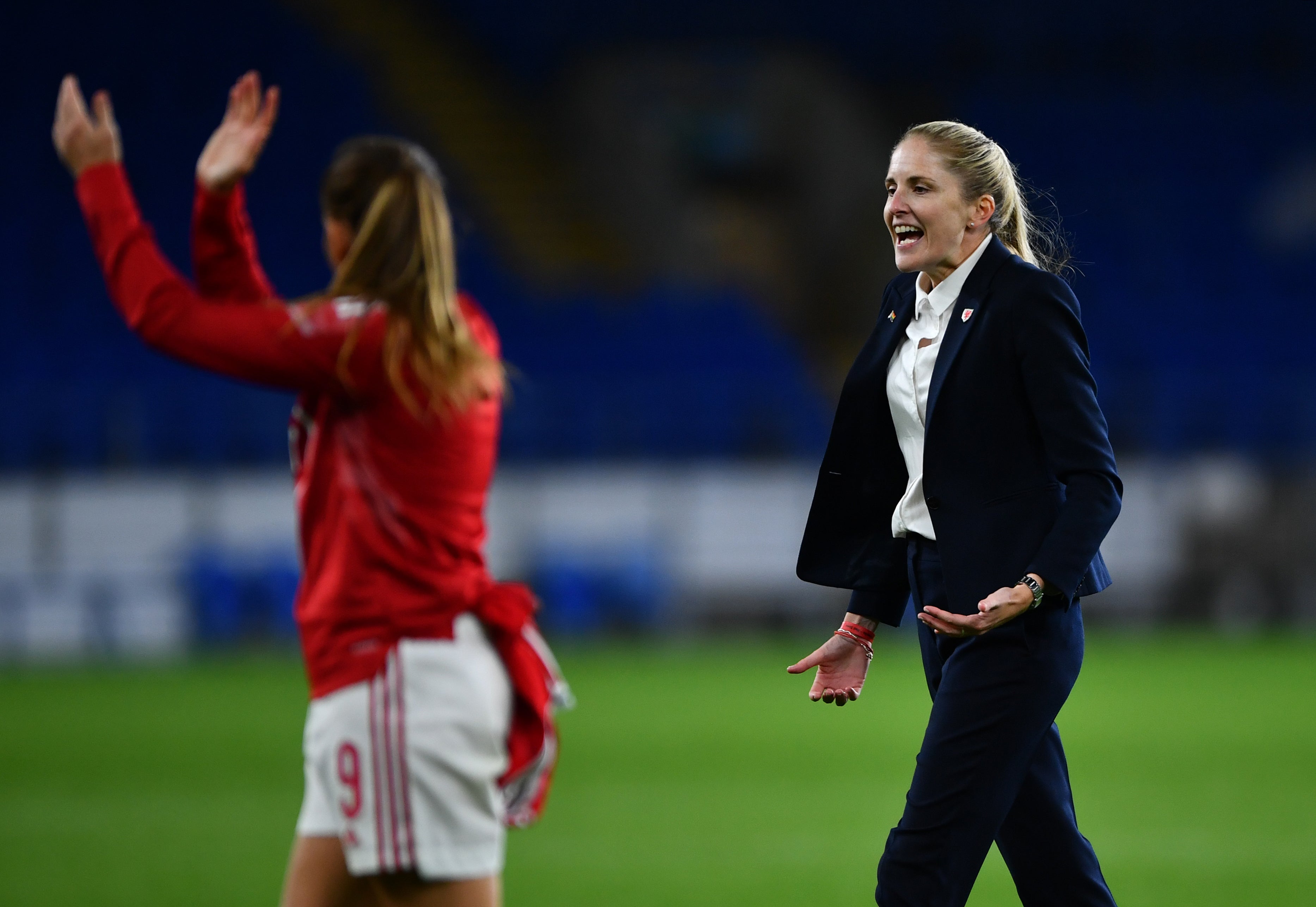 Wales head coach Gemma Grainger celebrates following her side’s qualification for the World Cup play-offs (Simon Galloway/PA)