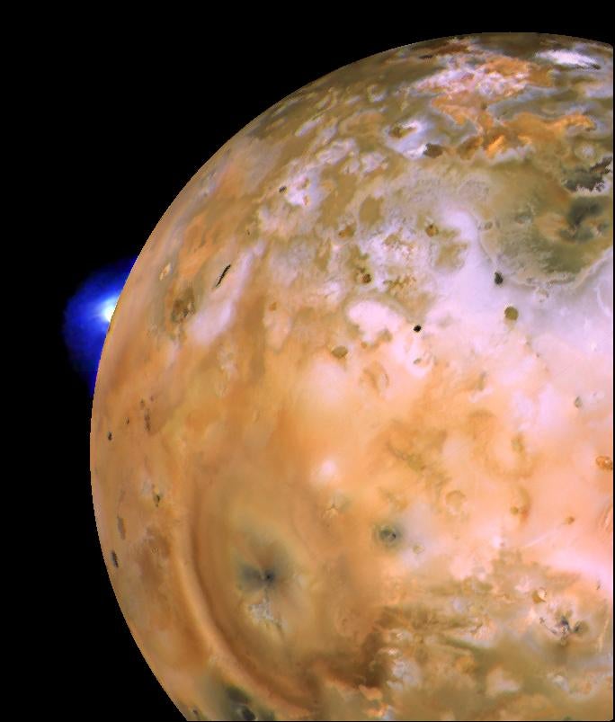 A plume from the erupting Loki volcano can be seen in this 1979 image of the Jovian Moon Io as seen by the Voyager 1 spacecraft