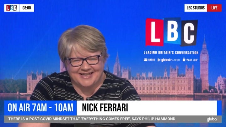 Therese Coffey’s alarm playing Dr Dre interrupts live interview