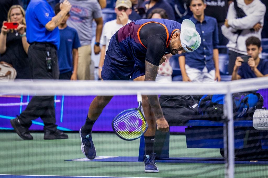 Nick Kyrgios broke two rackets after his quarter-final defeat