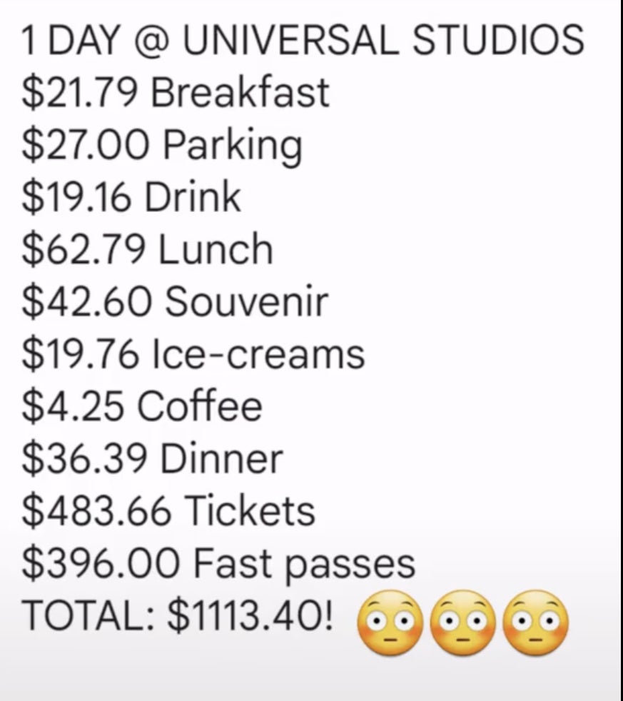 The total cost of the family’s one-day trip to Universal Studios in Orlando