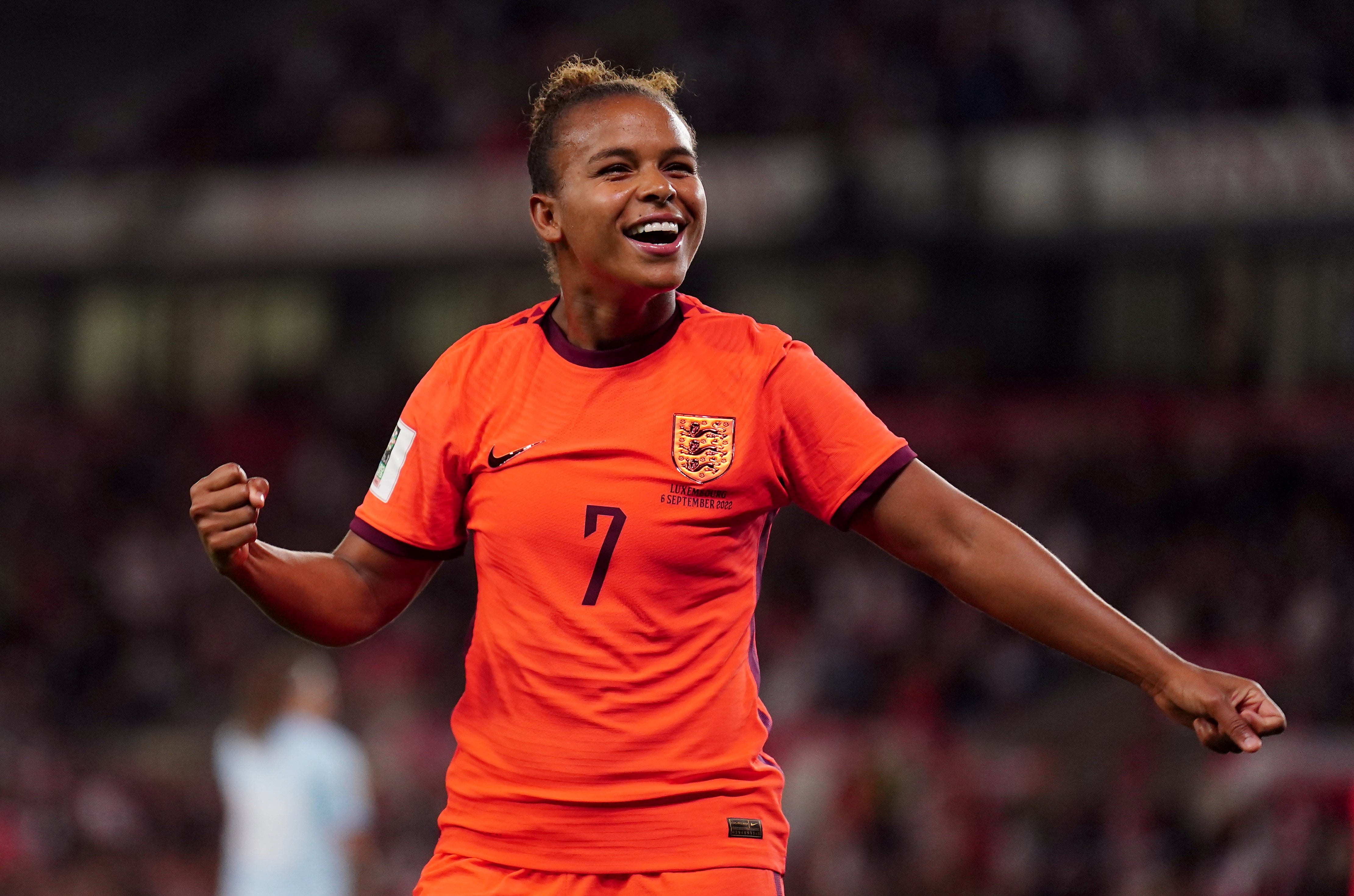 Nikita Parris celebrates scoring England’s seventh goal in the 10-0 victory over Luxembourg in Stoke (Mike Egerton/PA).