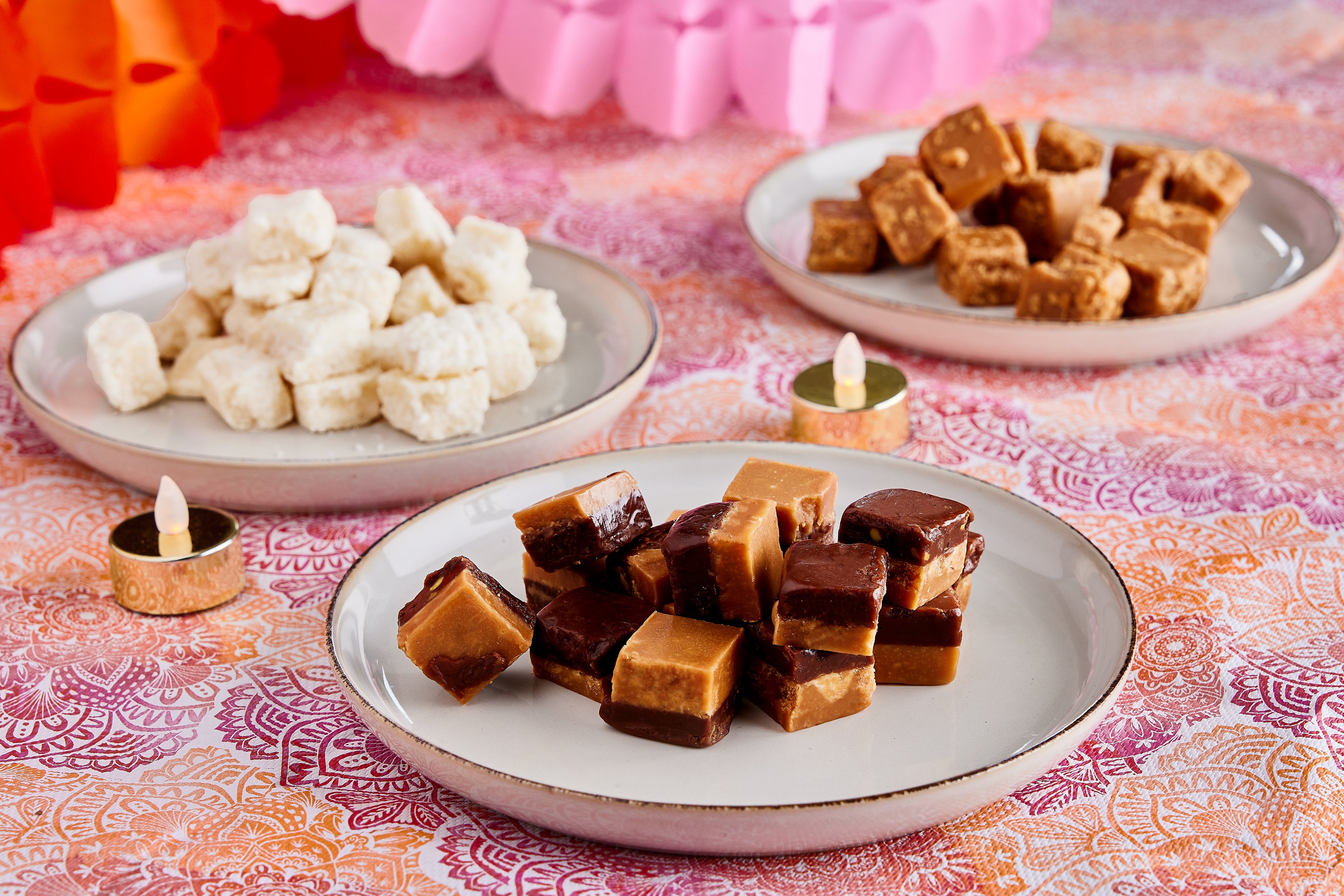 Tesco’s Diwali range, featuring Chai-Spiced Fudge, Chocolate and Pistachio Fudge, and Coconut Ice with Cardamom