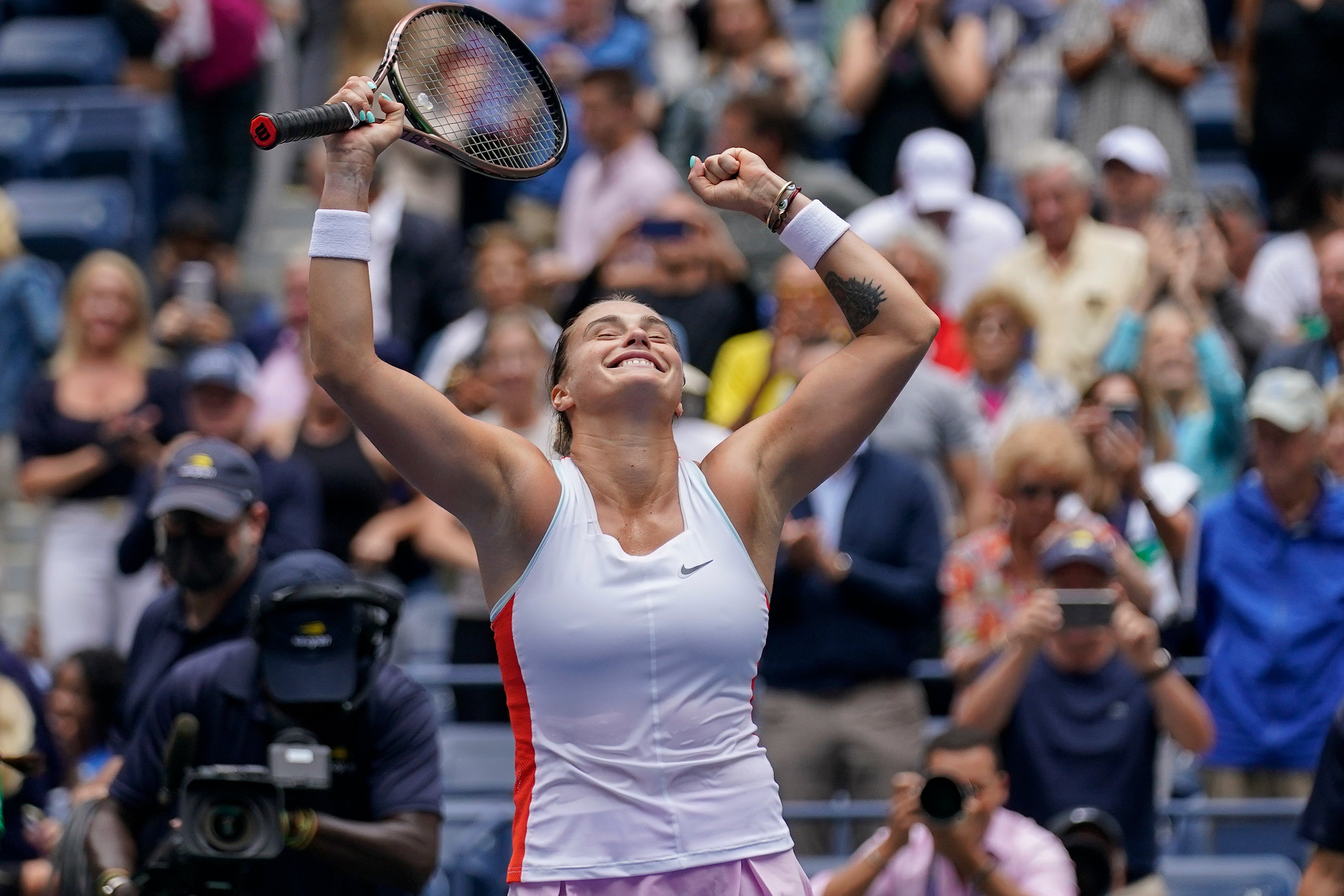 Aryna Sabalenka celebrates defeating Karolina Pliskova (Seth Wenig/AP)