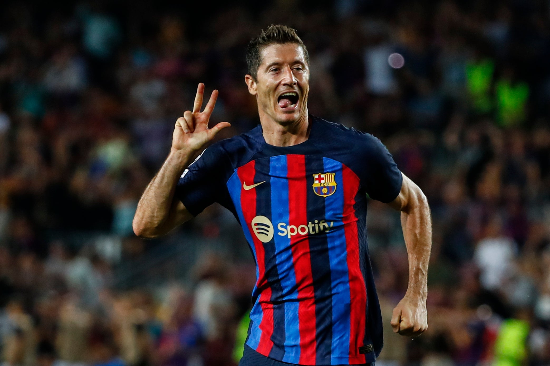 Robert Lewandowski struck a hat-trick to sink Viktoria Plzen at the Nou Camp (Joan Monfort/AP)