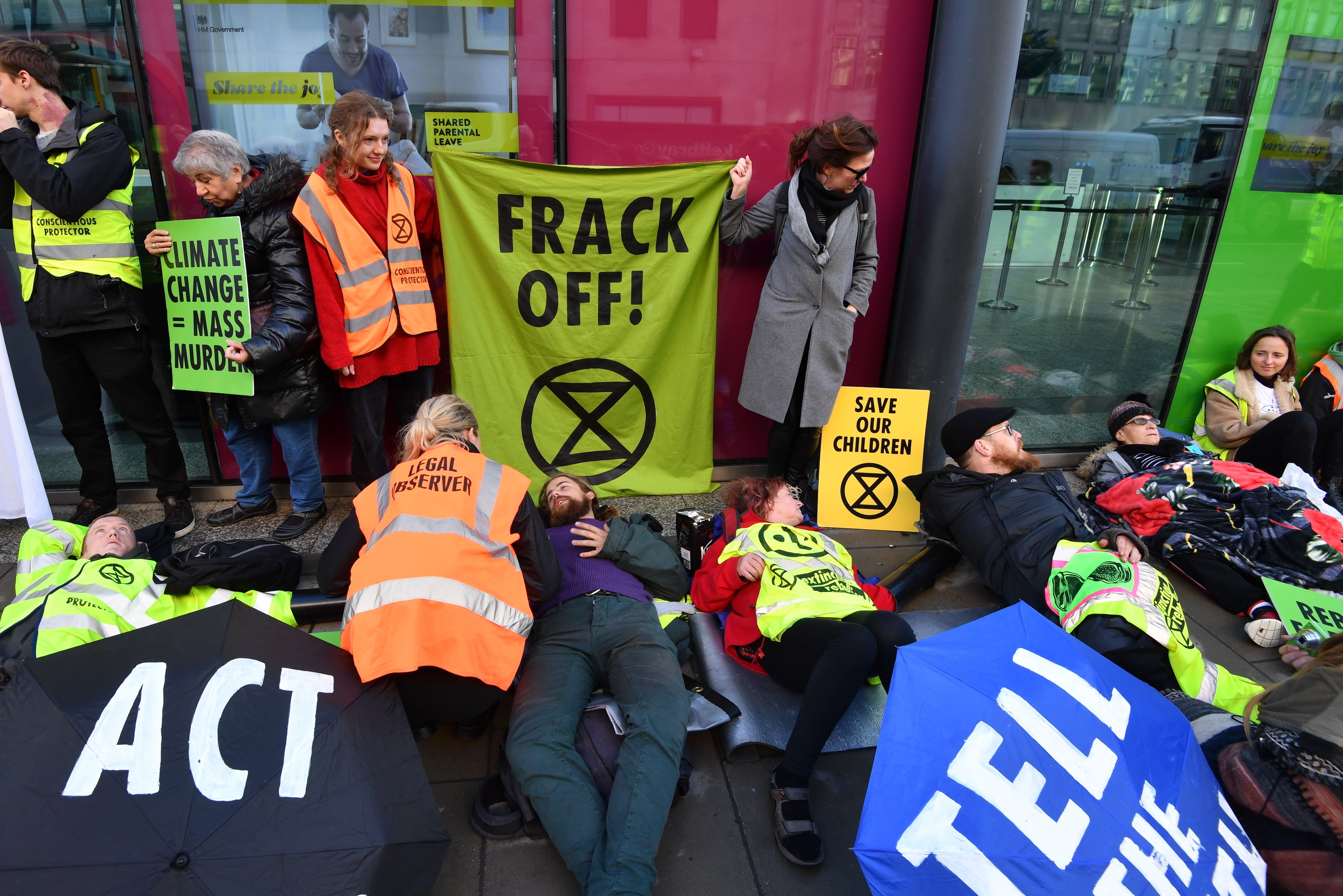 Activists from Extinction Rebellion stage an anti-fracking protest outside the Department for Business, Energy and Industrial Strategy