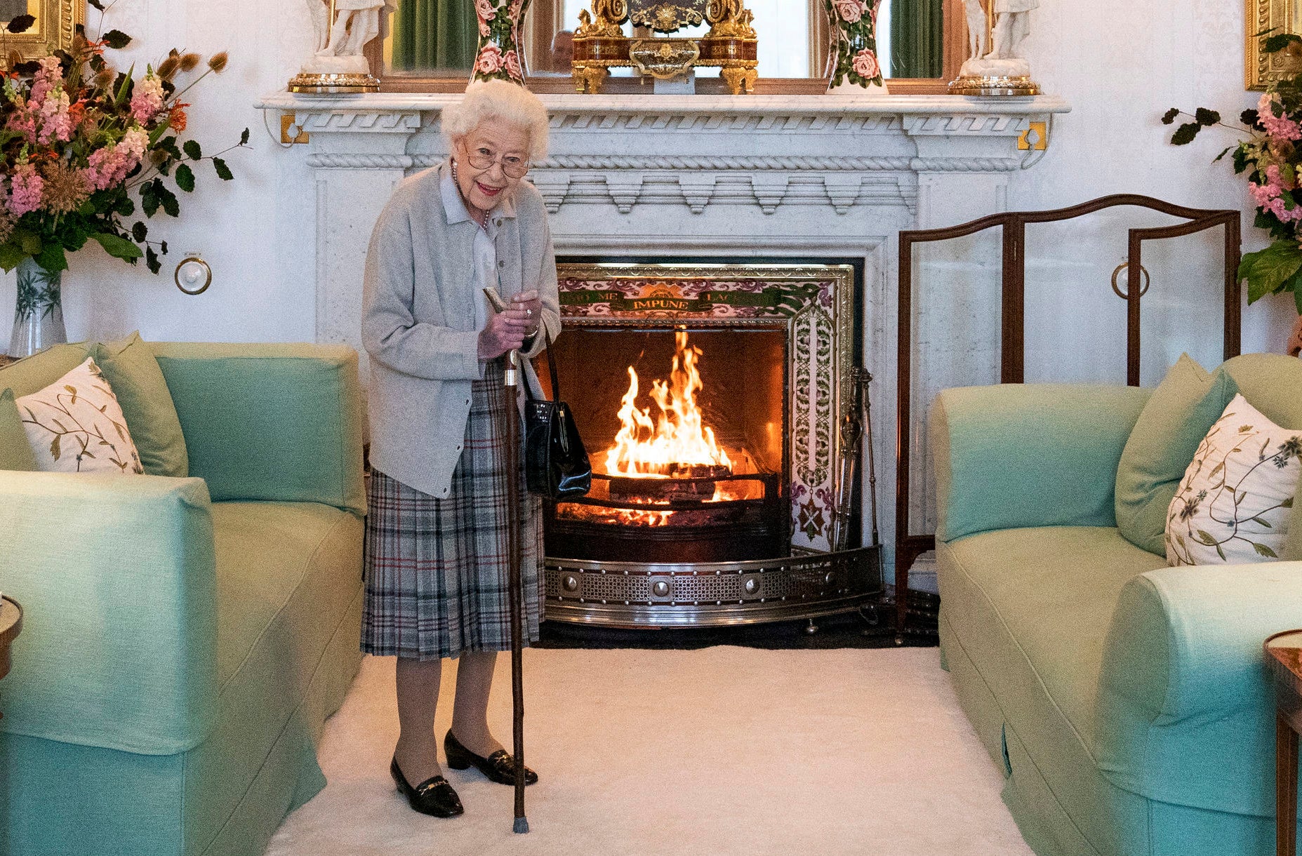 Queen Elizabeth II waits in the Drawing Room before receiving Liz Truss for an audience at Balmoral, in Scotland, Tuesday