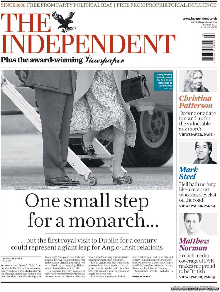 The Independent’s front cover from 18 May 2011, as the Queen became the first monarch to visit the Republic of Ireland in 100 years