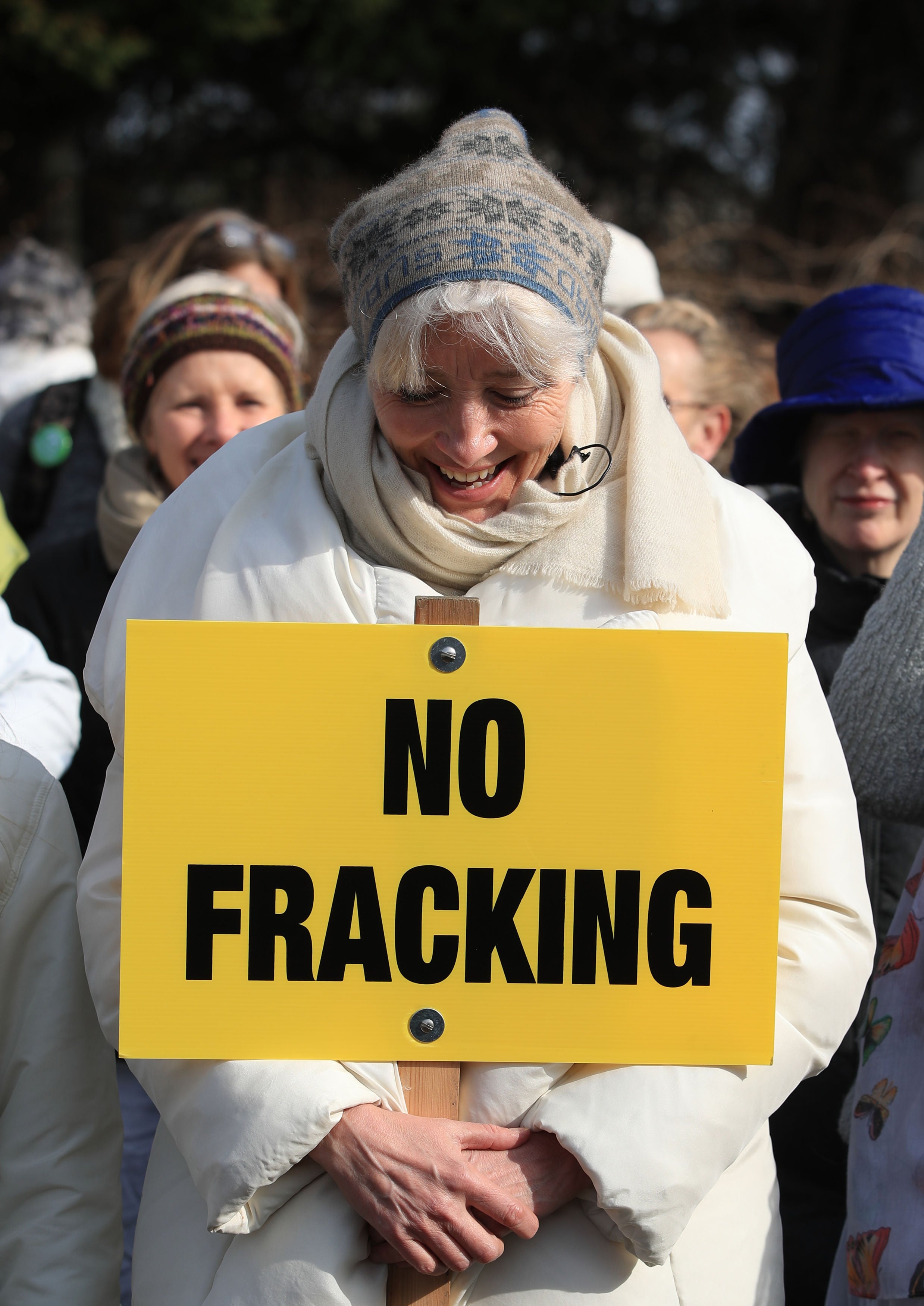 Emma Thompson takes part in an anti-fracking walk and silent protest at the Cuadrilla site (PA)