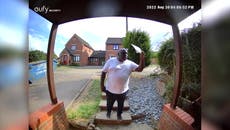 Delivery driver caught on doorbell camera throwing stones at cat