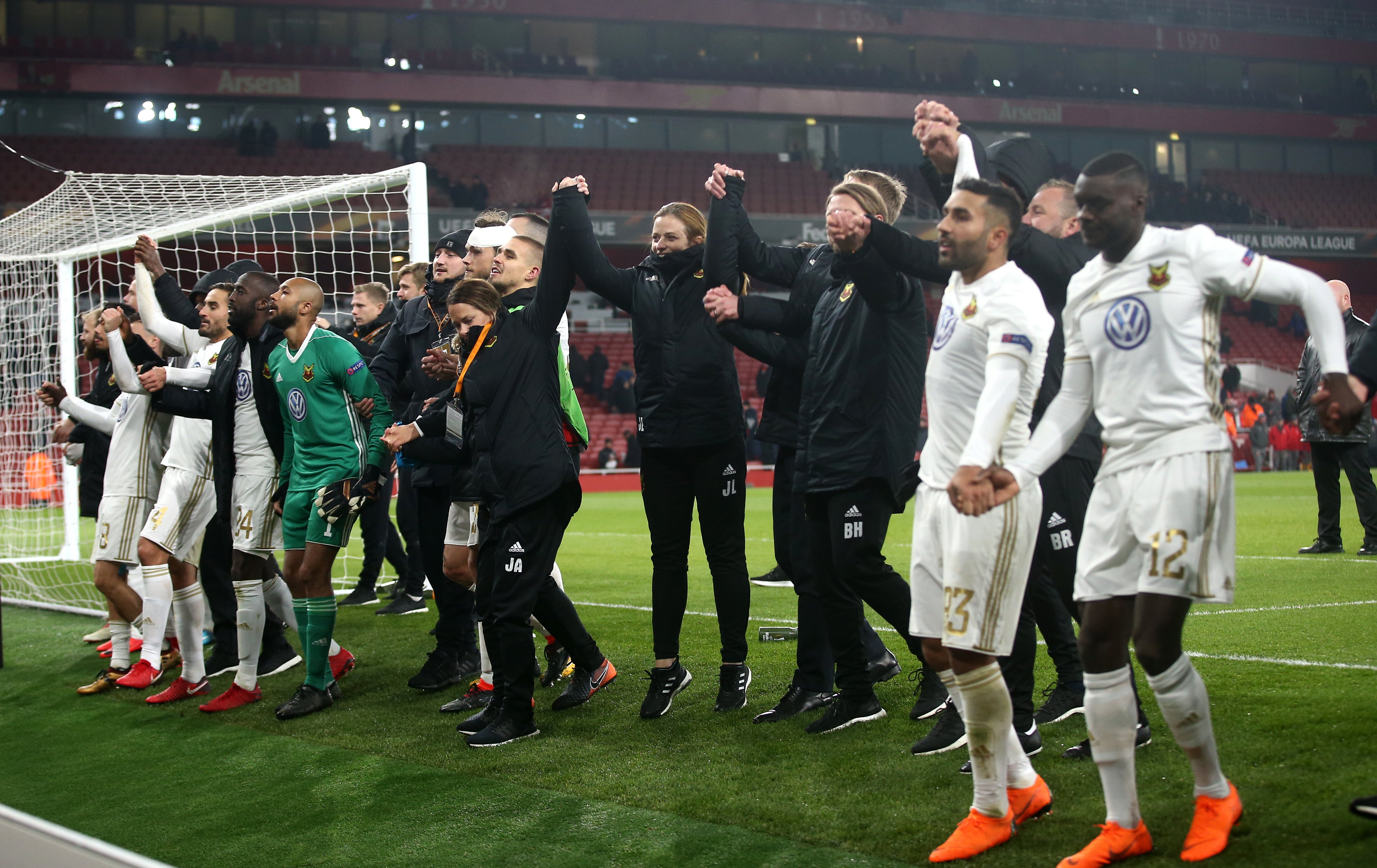 Ostersund celebrate victory at Arsenal (Adam Davy/PA)