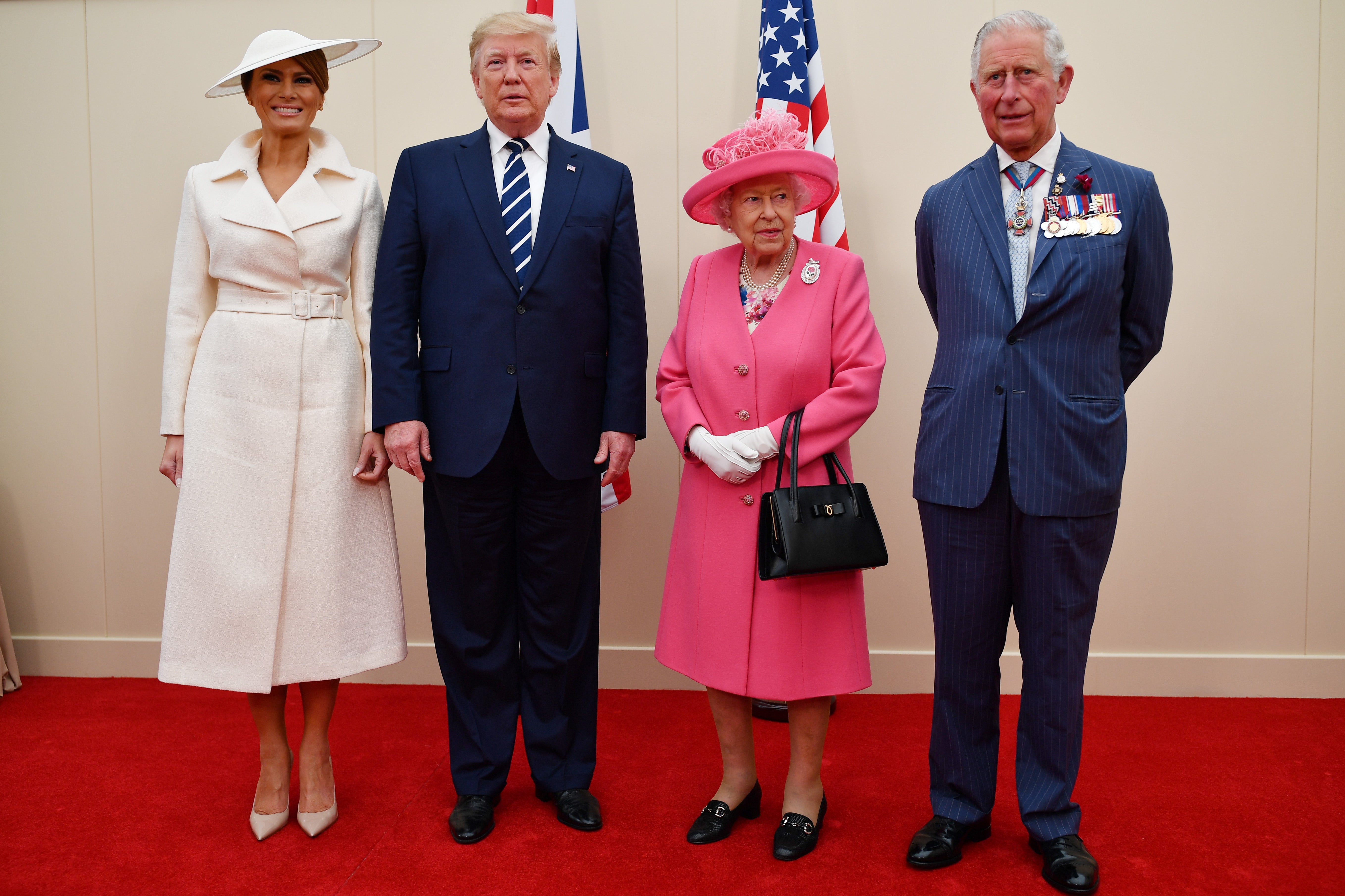 Prince Charles, Queen Elizabeth II, President Donald Trump and First Lady Melania Trump prepare to meet veterans during the D-day 75 Commemorations on 5 June 2019