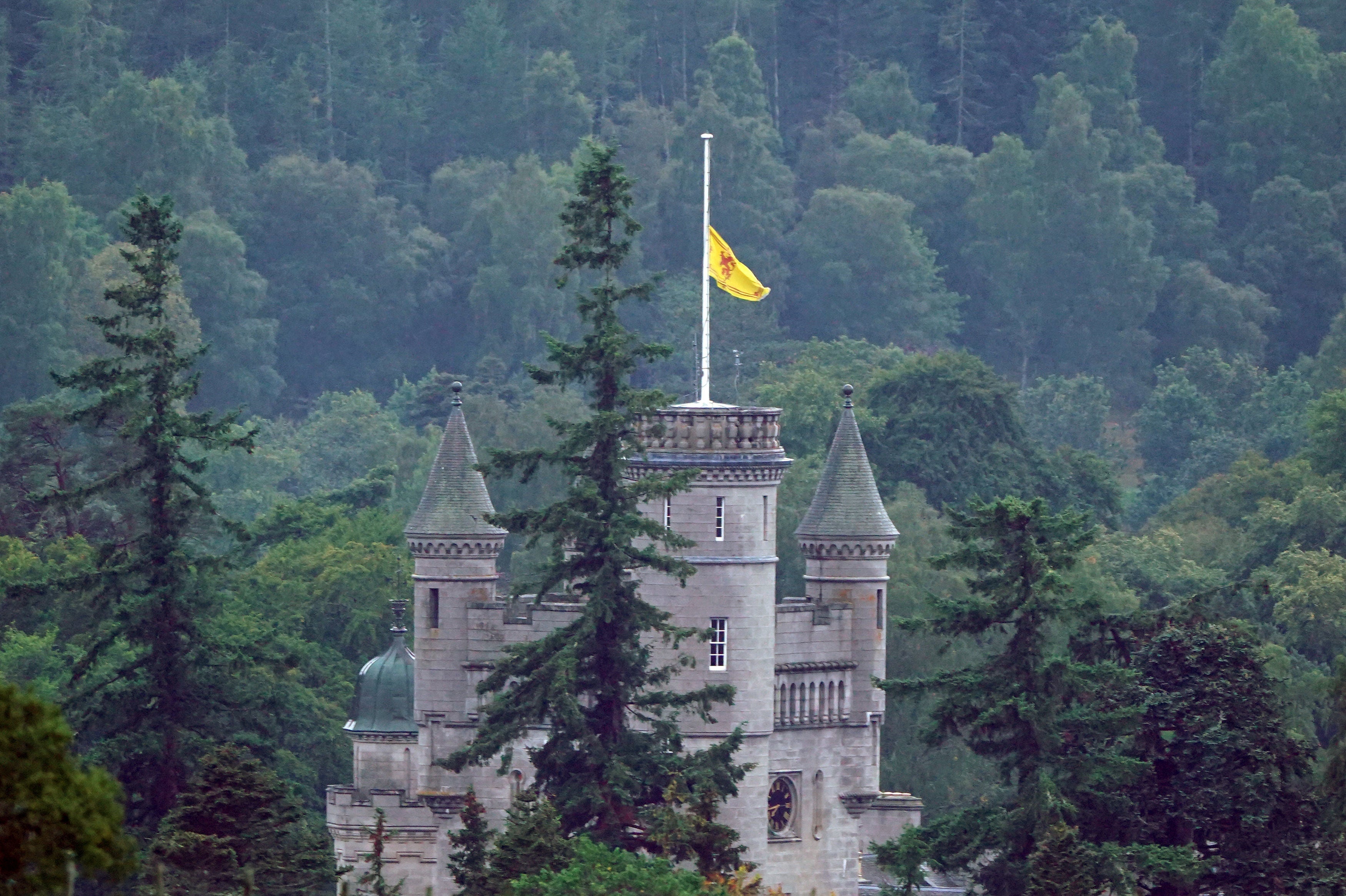 The Royal Banner of Scotland above Balmoral Castle is flown at half mast following the announcement of the death of the Queen