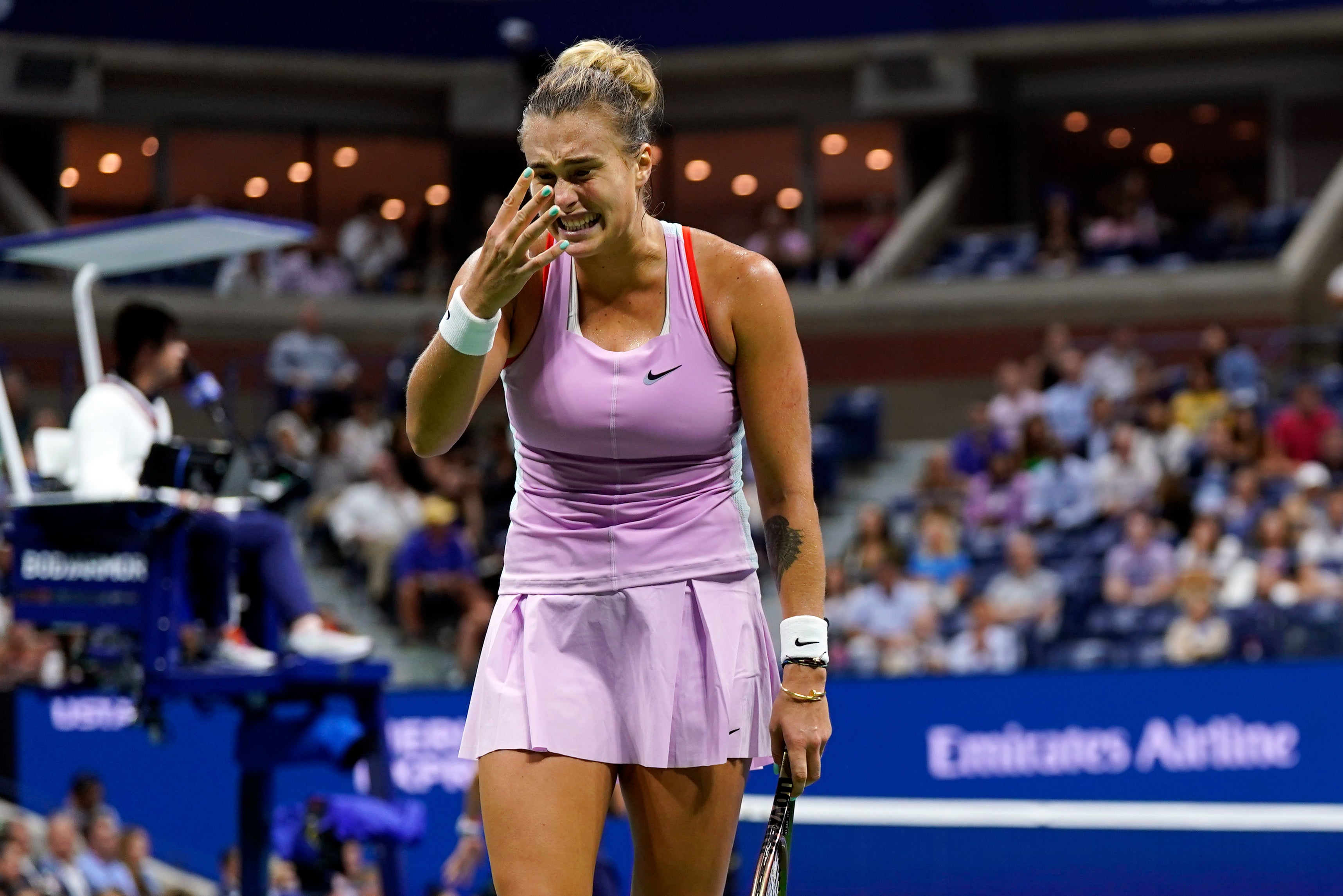 Aryna Sabalenka shows her frustration (John Minchillo/AP)