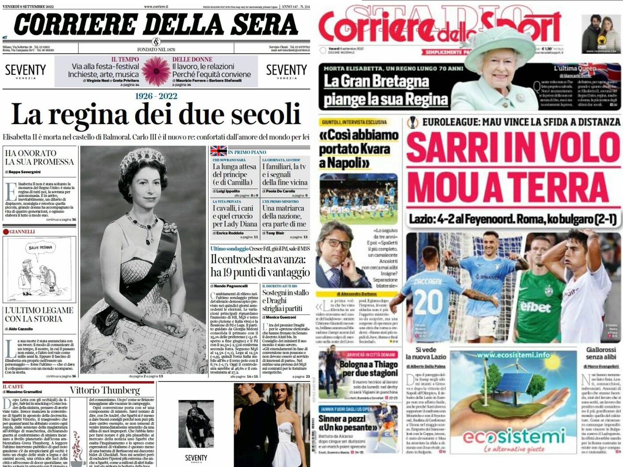 Italian papers toast ‘the queen of two centuries’ and reports that Britain ‘mourns its queen’