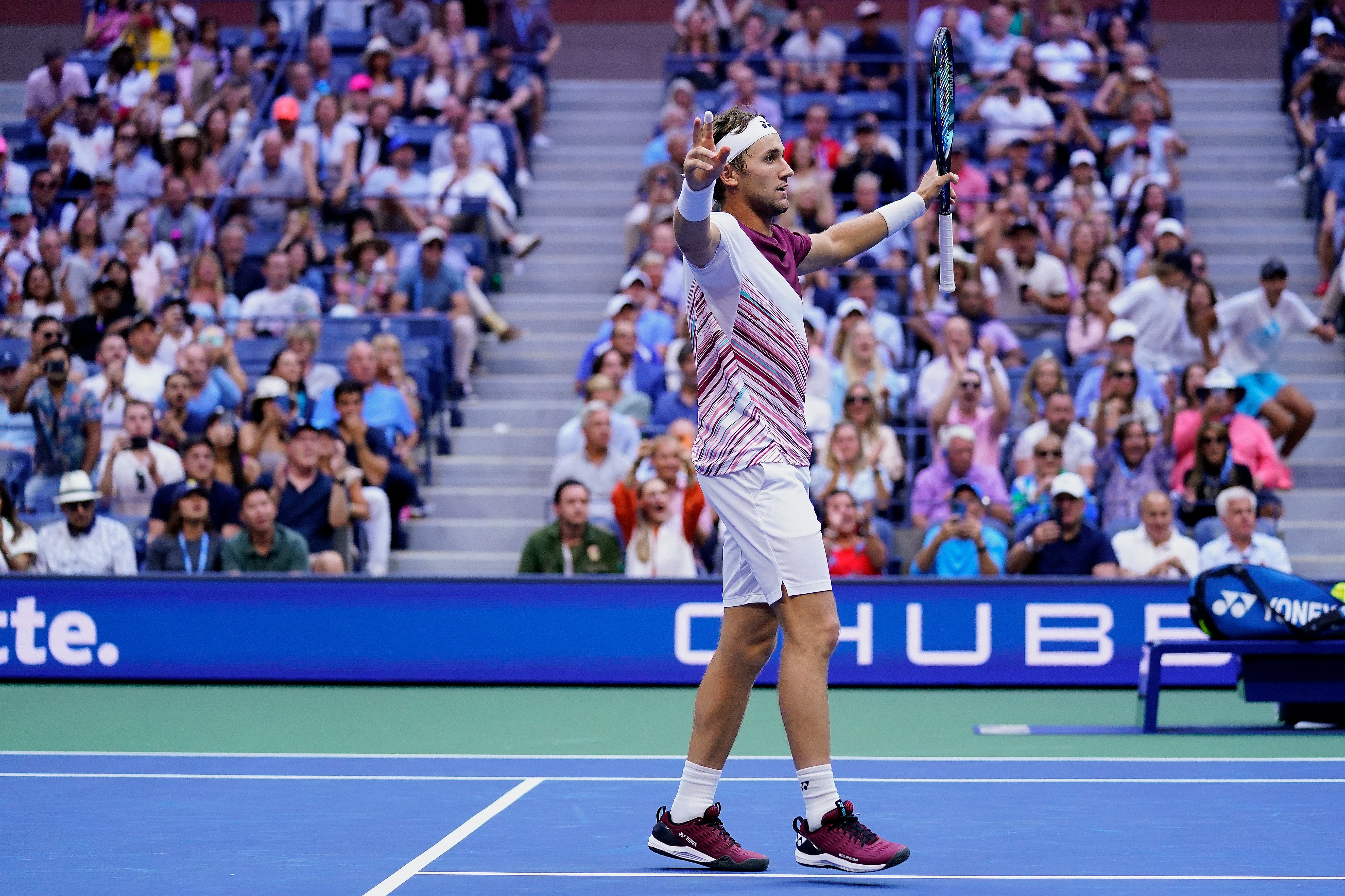 Casper Ruud celebrates his semi-final victory (Matt Rourke/AP)