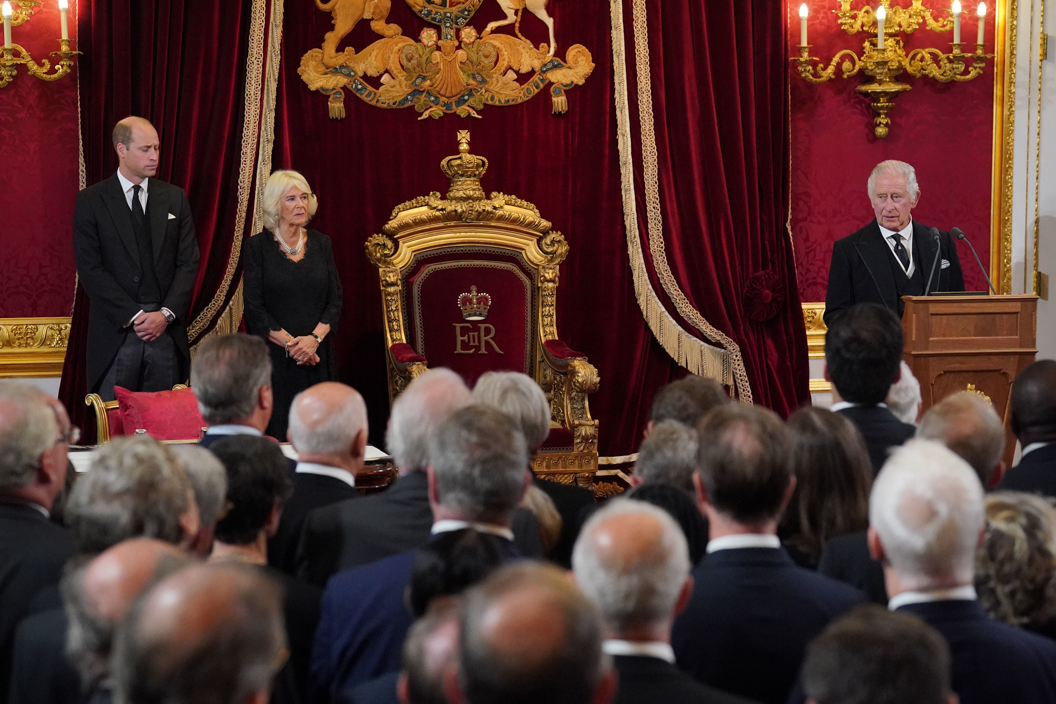 The new Prince of Wales, the Queen Consort and King Charles III at St James’s Palace on Saturday