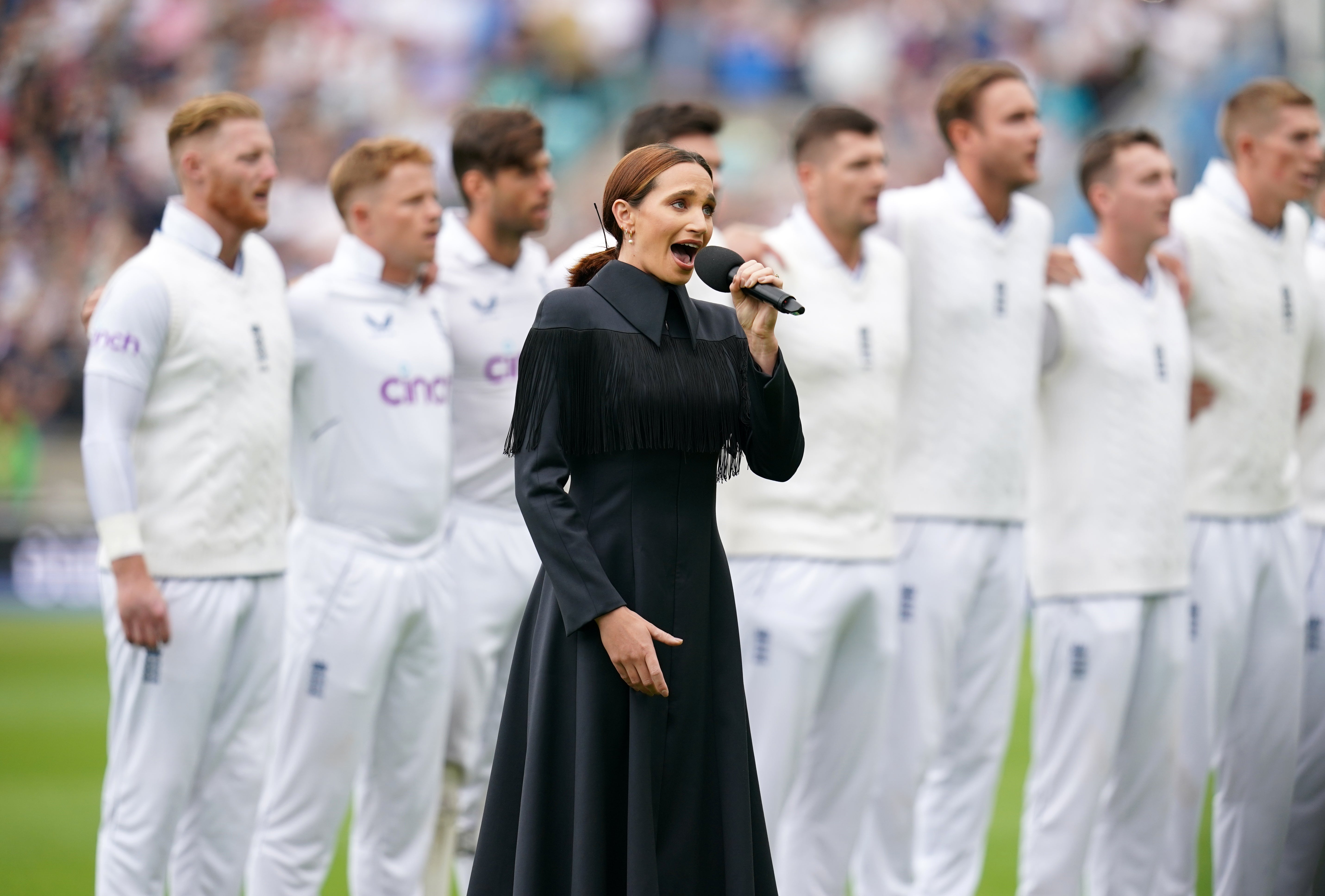 Laura Wright sings the national anthems before day three of the third Test between England and South Africa at the Kia Oval (John Walton/PA)