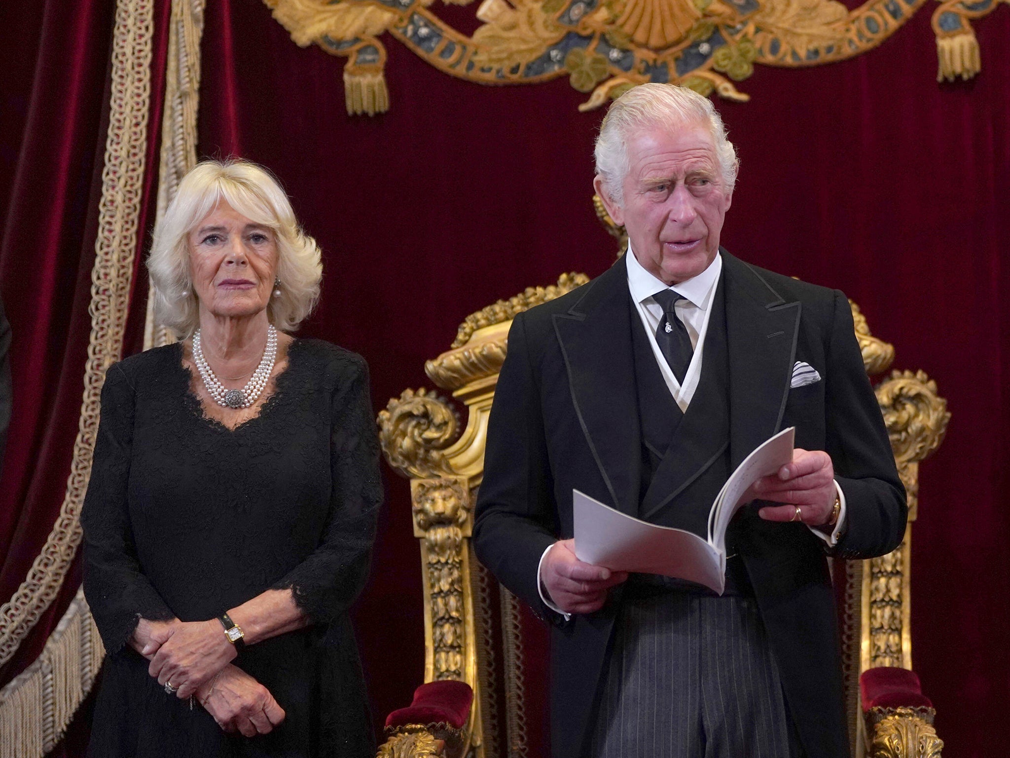 King Charles III and Camilla, the Queen Consort during the Accession Council at St James’s Palace, London